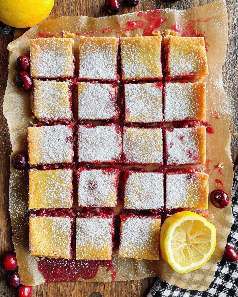 A rectangular tray of sixteen square lemon berry bars arranged in a 4 by 4 grid on light brown parchment paper with some berry juice stains. Each bar has a golden-yellow top dusted with white powdered sugar and a visible red berry layer beneath the surface, slightly oozing out between some squares. Around the bars, there are a few whole fresh dark red berries scattered, and a halved squeezed lemon with a bright yellow peel sits near the bottom right. The tray rests on a wooden table with part of a black and white checkered cloth visible at the bottom right corner. Photo taken with an iphone --ar 4:5 --v 7
