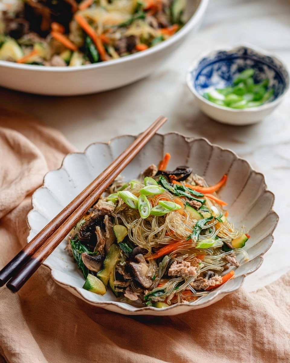 A white scalloped bowl holds a colorful dish with clear glass noodles as the first layer, mixed with light brown cooked meat and spread thinly throughout. On top are several green slices of spring onions scattered evenly, along with thin, long orange carrot strips and dark, slightly shiny brown mushroom slices. The mix is interspersed with light green veggie pieces like zucchini and some translucent white onion strips. Two wooden chopsticks rest inside the bowl on the left side. The bowl sits on a white marbled surface with a soft beige cloth lying next to it. In the blurred background, there is a large white bowl filled with more of the same dish and a small white bowl with a blue pattern holding more green spring onion rings. photo taken with an iphone --ar 4:5 --v 7