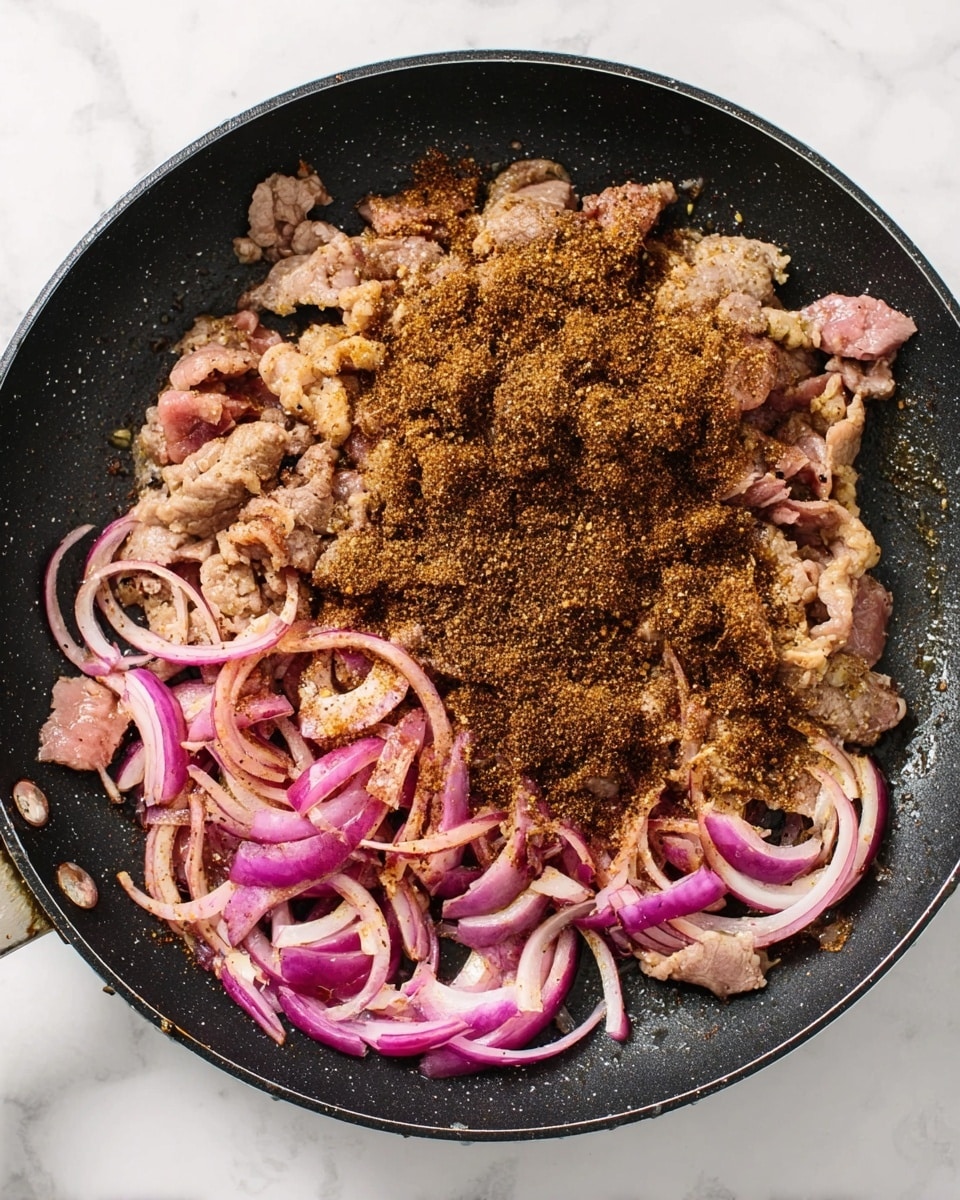 A black frying pan sits on a white marbled surface, filled with a mix of light grayish-pink thinly sliced meat and purple and white sliced red onions. There are two main layers: the bottom layer is the cooked thin meat with some pieces still light pink and others browned, covering most of the pan. The top layer features a generous amount of dark brown, finely ground spices sprinkled mainly on the meat, slightly covering some onion slices on the right side. The onions are slightly translucent, with long curved strips around the right half of the pan. Small bits of meat and onion are scattered near the pan edges. Photo taken with an iphone --ar 4:5 --v 7