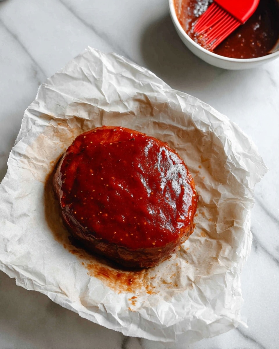 The image shows a single round piece of cooked food covered fully in rich, thick, shiny dark red sauce with a smooth texture and some small seeds or spices visible. The food sits on slightly wrinkled white parchment paper that has absorbed some of the sauce and juices, creating a light brown stain around the base. In the upper right corner, a white bowl with the same dark red sauce and a red spatula stands against a white marbled surface. The whole scene is photographed from above. photo taken with an iphone --ar 4:5 --v 7