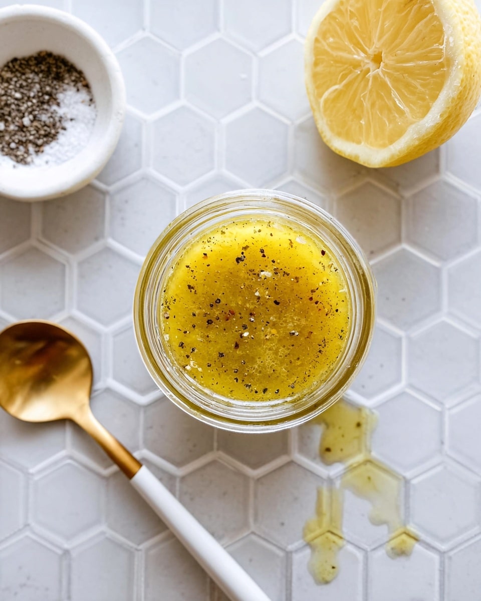 A small clear glass jar filled with a yellow salad dressing that has specks of black pepper and small bits of garlic floating inside; near the top right side of the jar is a half lemon with a juicy, textured interior, and to the top left is a small white bowl with coarse salt and ground black pepper; below the jar sits a gold spoon with a white handle resting on a white marbled hexagon tile surface with some droplets of dressing around the jar photo taken with an iphone --ar 4:5 --v 7