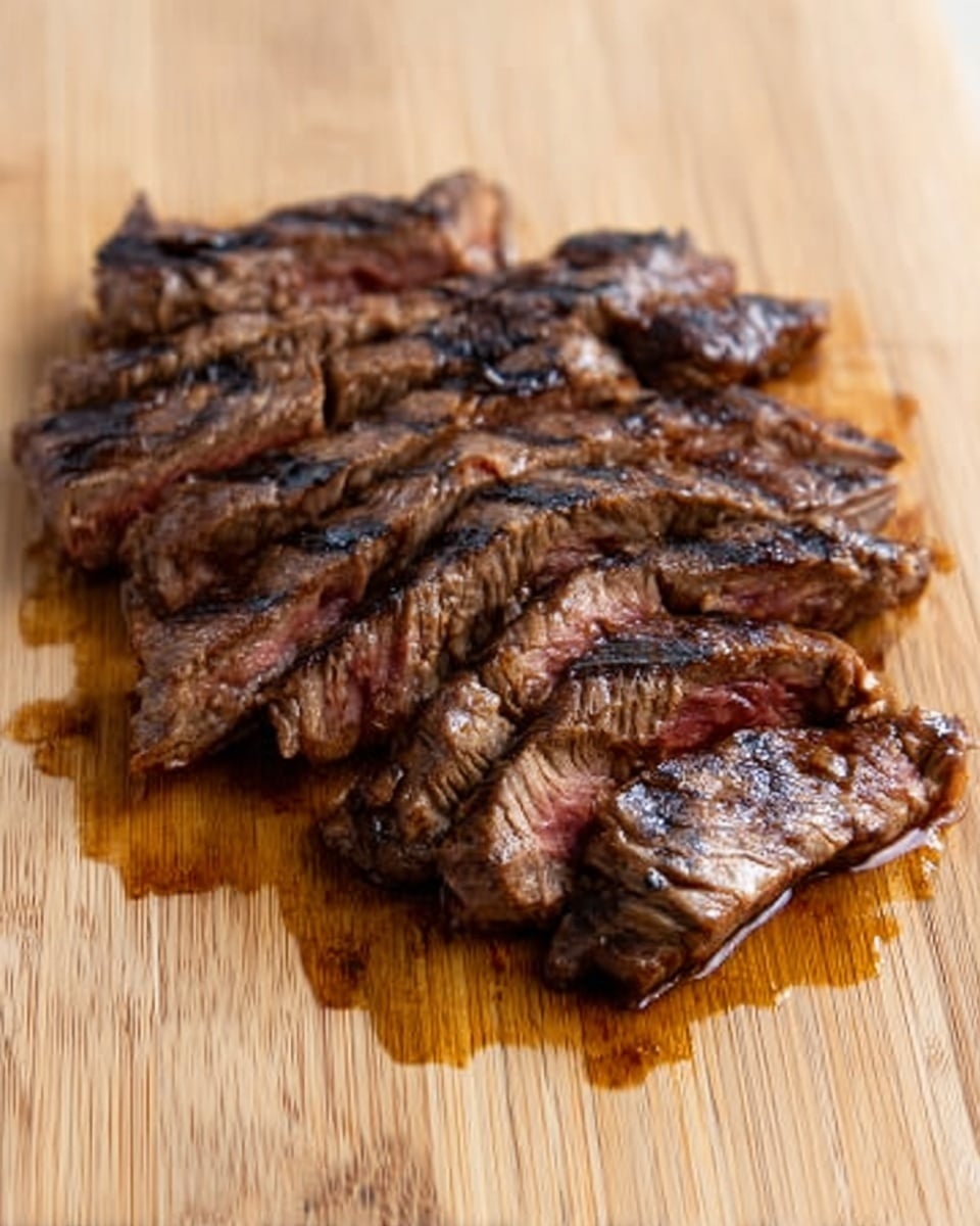 This image shows a sliced piece of steak placed directly on a light brown wooden surface with a clear grain pattern. The steak has about 10 uneven slices, showing a dark brown outside with grilled marks and a slightly pinkish center, indicating it is cooked medium. Juices are spread around the steak, creating a shiny wet look on the wood. The background is neutral and does not distract from the meat. photo taken with an iphone --ar 4:5 --v 7