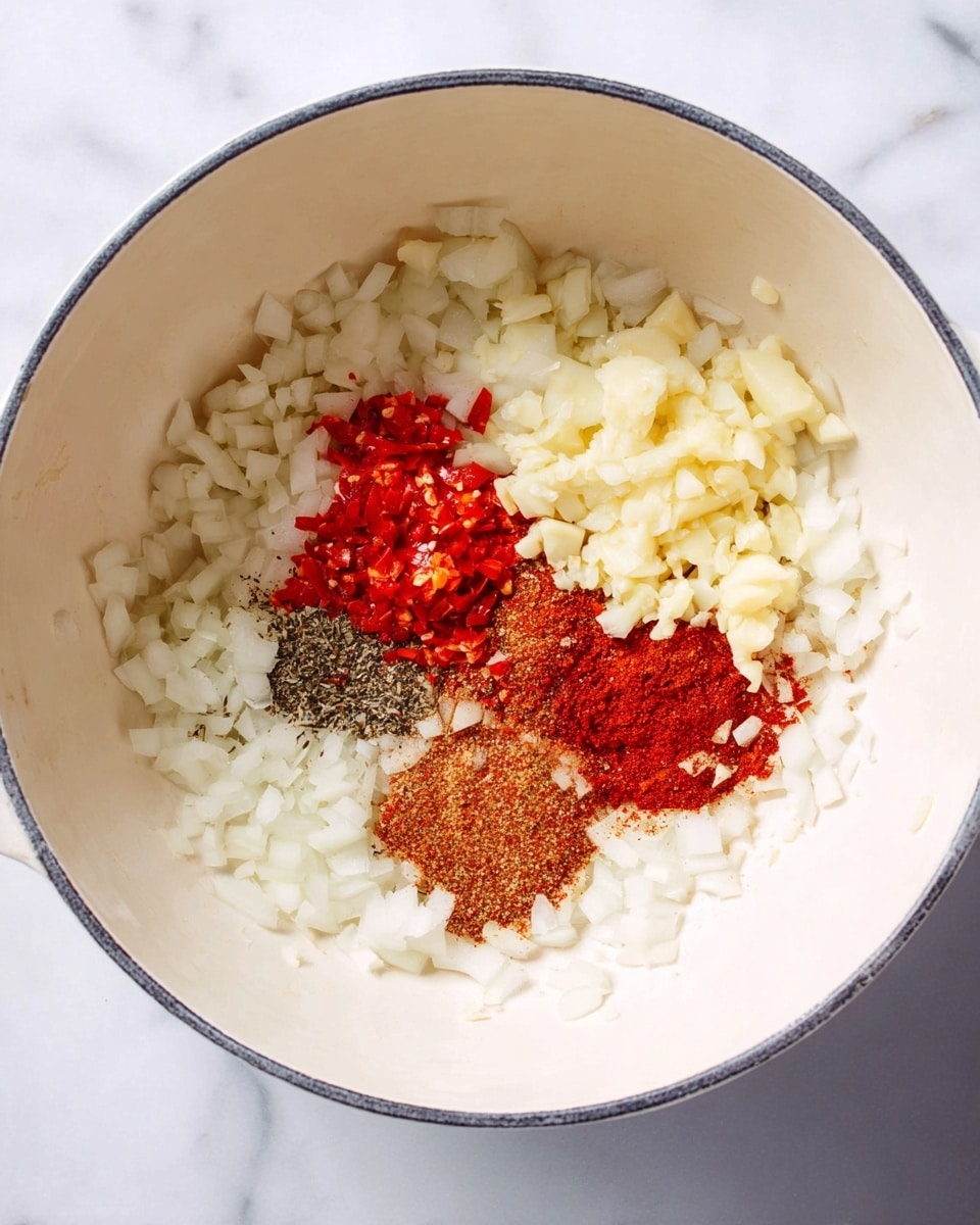 Inside a white pot placed on a white marbled surface, there are five separate piles of ingredients. The largest layer is finely chopped white onions scattered around the bottom of the pot. On top of and near the onions are four smaller piles: minced pale yellow garlic, finely chopped bright red chili peppers, a heap of dark brown or black ground pepper, and a reddish-brown ground spice that appears to be chili powder or paprika. The textures range from soft and moist from the onions and garlic to dry and powdery in the spices. The arrangement is neat, with each ingredient clearly visible and separate. Photo taken with an iphone --ar 4:5 --v 7