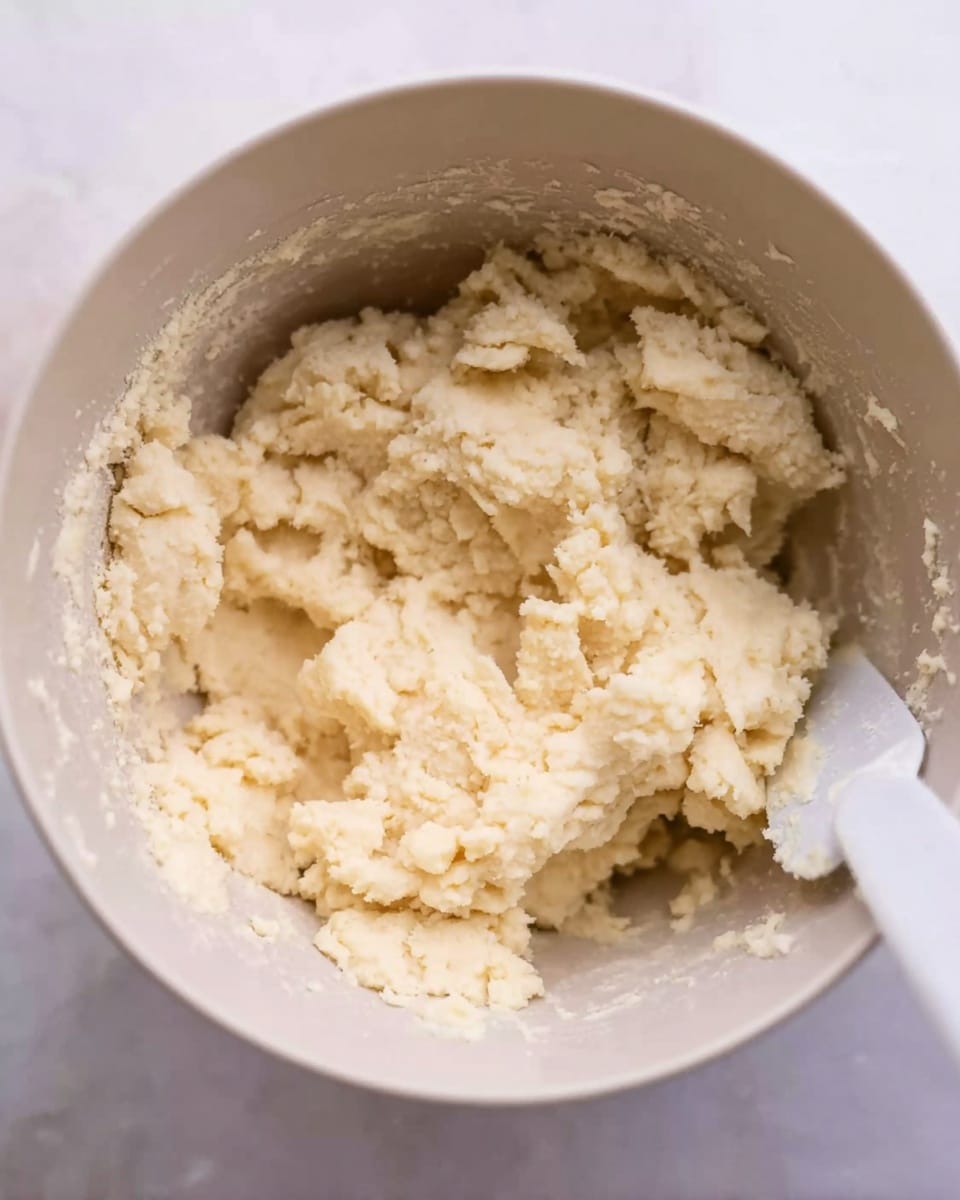 The image shows an off-white, slightly crumbly dough inside a white bowl. The dough has an uneven texture with soft lumps and small pieces scattered around, some areas appearing denser and others more crumbly. The bowl's inside edges and bottom are visible, contrasting with the dough's pale color. A white spatula is partially seen at the bottom right, touching the dough, adding a subtle shiny surface near the tool. The background is a white marbled texture. photo taken with an iphone --ar 4:5 --v 7