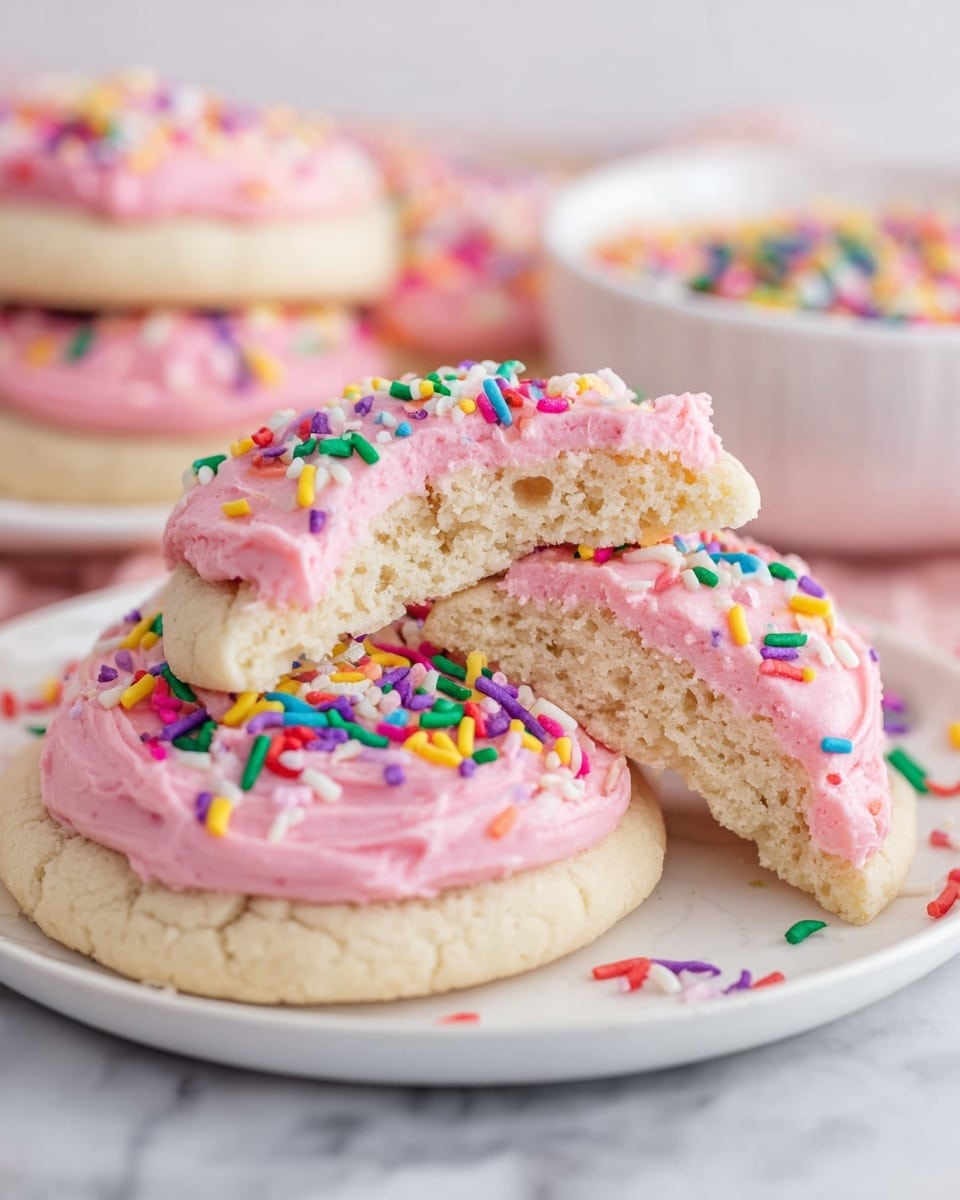 The image shows a close-up of soft, round cookies with one cookie broken in half and stacked on top of another. The cookies have a pale, light beige color with a soft, crumbly texture. Each cookie is topped with a thick layer of smooth, bright pink frosting, spread evenly in a swirled pattern. On top of the frosting, there are colorful sprinkles in different shapes and colors, including green, yellow, purple, red, white, and blue. The cookies rest on a white plate, placed on a white marbled surface, and in the background, there is a white bowl with more sprinkles. photo taken with an iphone --ar 4:5 --v 7