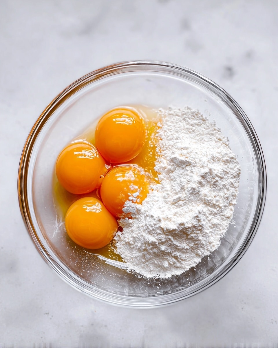 A clear glass bowl sits on a white marbled surface, holding two main layers inside. On the left side, there are four rich orange egg yolks grouped closely together with a shiny, smooth texture. On the right side of the bowl, there is a pile of fine white powder with a slightly crumbly texture, looking soft and light. The bowl is simple and transparent, showing all the details of these ingredients clearly. Photo taken with an iphone --ar 4:5 --v 7