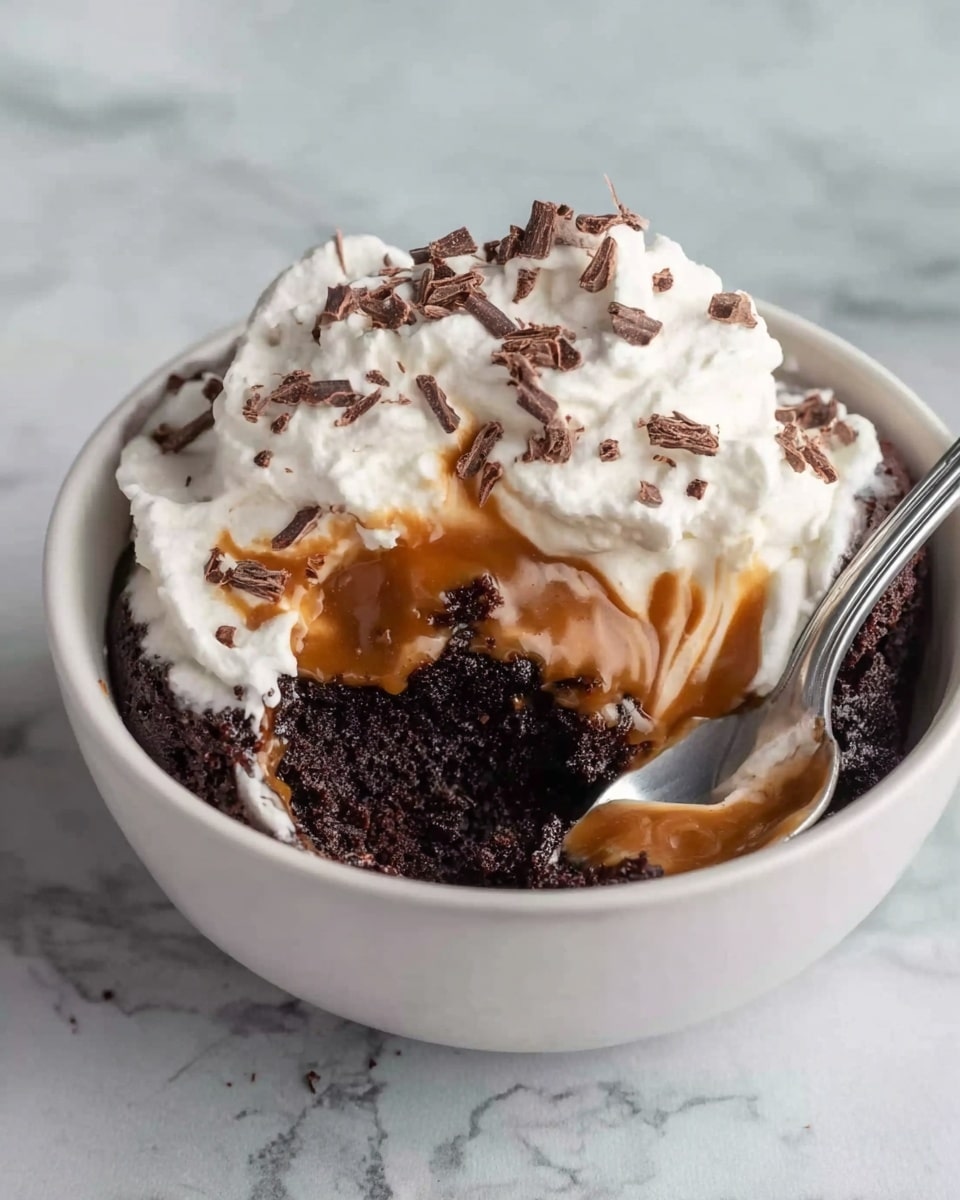 A white bowl filled with three main layers: the bottom layer is dark, crumbly chocolate cake with a rich, soft texture; above it is a smooth, golden caramel sauce flowing over the cake; the top layer is a generous amount of fluffy white whipped cream lightly sprinkled with small chocolate shavings. A silver spoon is resting inside the bowl, partially dipped in the dessert. The bowl sits on a white marbled surface with a soft, light background. Photo taken with an iphone --ar 4:5 --v 7
