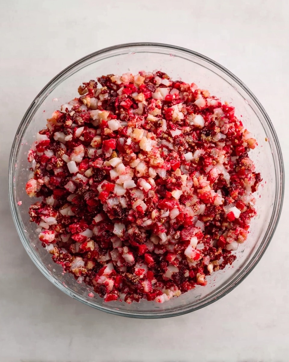 A clear glass bowl sits on a white marbled surface, filled with a chunky mix of small, roughly chopped red and white pieces. The pieces are uneven in size and have a slightly moist look, with bright and dark red bits mingled closely with pale, almost translucent white parts, creating a textured, colorful blend. The bowl is round and transparent, allowing the mix to be seen clearly from the sides and top. Photo taken with an iphone --ar 4:5 --v 7