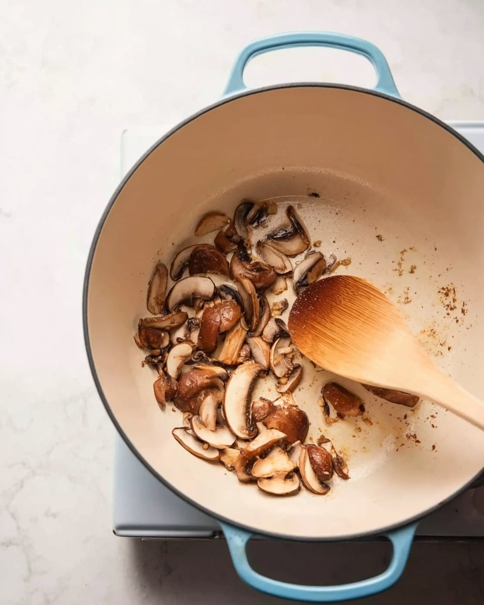 A white pot with a light blue handle sits on a stove with a white marbled surface below it. Inside the pot, there are small pieces of browned mushrooms scattered across the bottom, showing different shades of light and dark brown with a slightly shiny texture. A wooden spoon with a rounded head is partially resting inside the pot, stirring the mushrooms. A woman's hand holds the spoon in the top right corner of the pot. The overall scene is clean and focused on cooking mushrooms in the pot. photo taken with an iphone --ar 4:5 --v 7