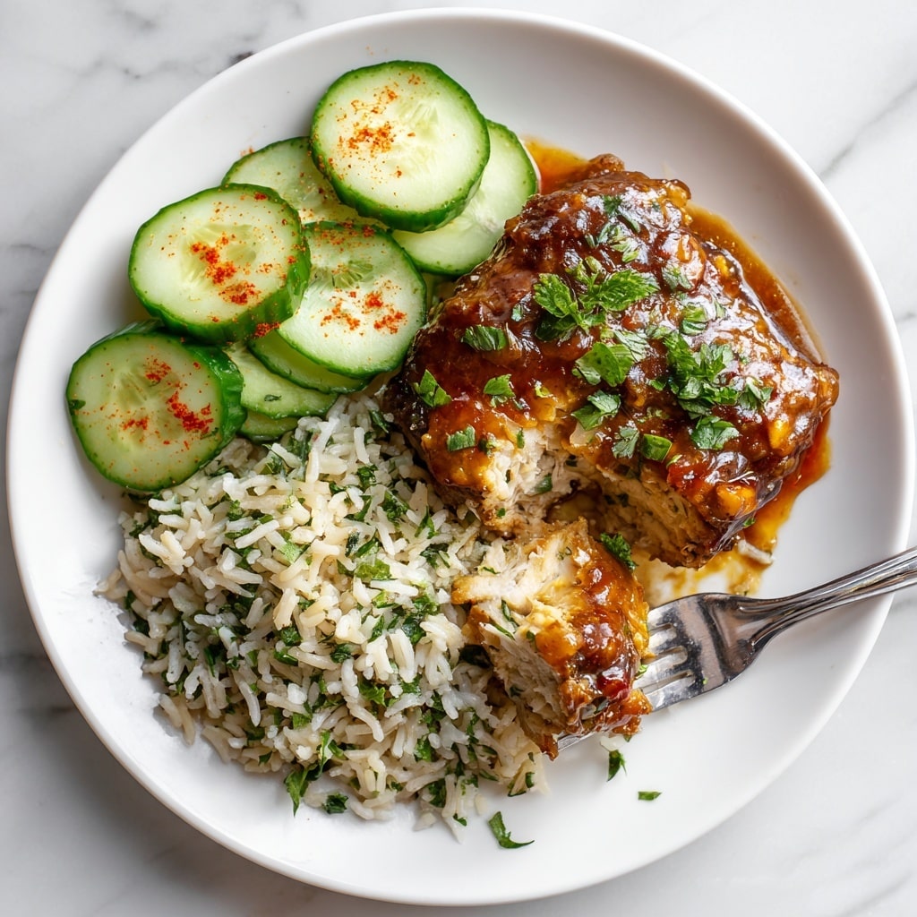 The image shows a white plate with three layers of food. The bottom layer is a bed of cooked rice mixed with small bits of green herbs, creating a rough texture. On the right side of the plate, there is a thick piece of glossy, brown chicken covered in a thick sauce with small green herb pieces sprinkled on top. A fork held by a woman's hand is lifting a piece of the chicken, revealing the white, moist inside. On the left side of the plate, there are several round slices of cucumber, dark green on the edge and pale green in the middle, with a light sprinkle of red seasoning. The plate is placed on a white marbled surface. photo taken with an iphone --ar 4:5 --v 7