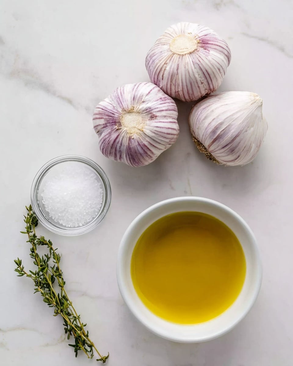The image shows three whole garlic bulbs with light purple streaks on their white skin, placed near the top center on a white marbled surface. Below the garlic, to the left, there is a small glass bowl of white salt next to a small green sprig of thyme. To the right of the salt, there is a white bowl filled with golden yellow olive oil. The items are spaced evenly on the white marbled background. Photo taken with an iphone --ar 4:5 --v 7