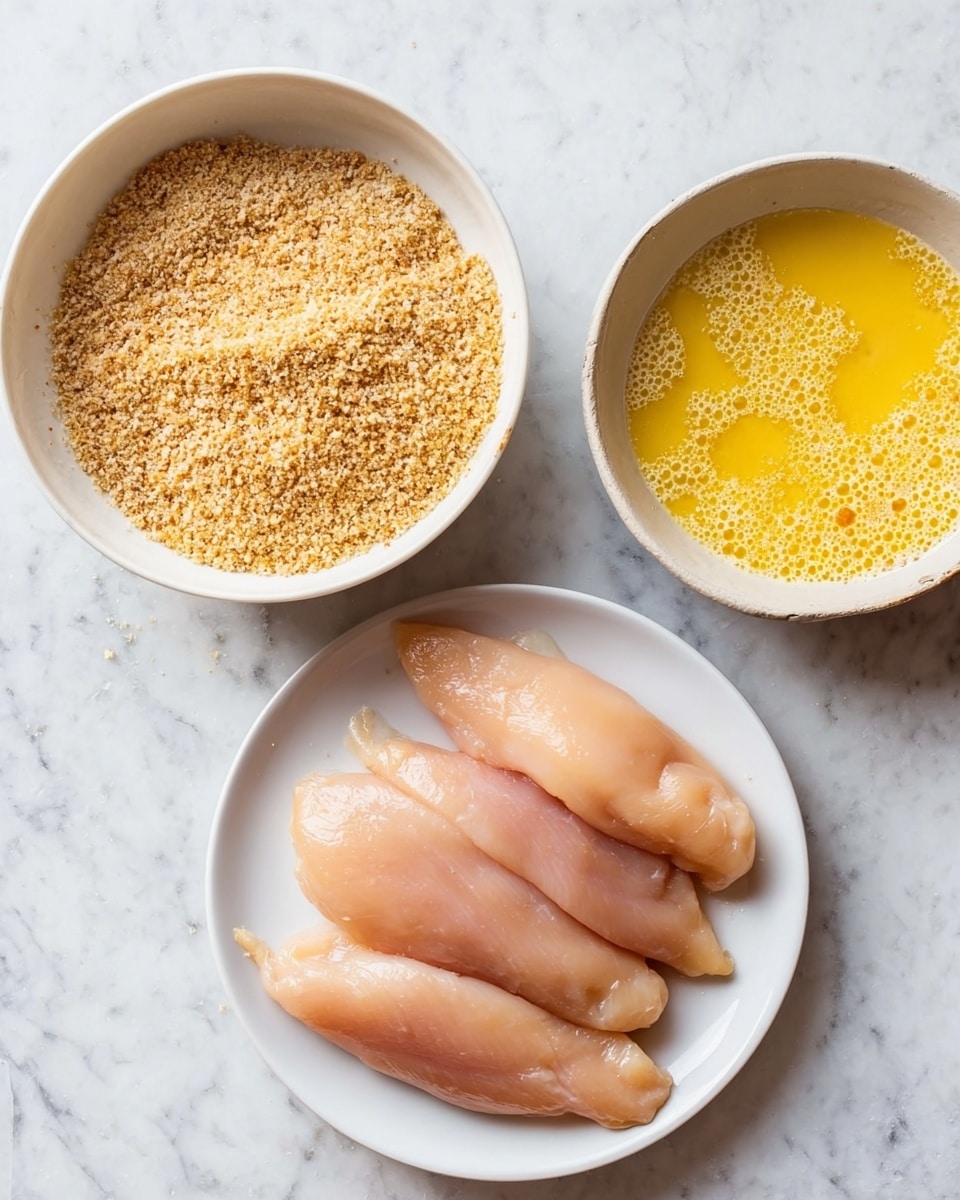 A white plate holds six raw, pale pink chicken tenderloins arranged close together. To the left, a white bowl contains light brown breadcrumbs with a rough texture, spread evenly inside. Above both, another white bowl is filled with a yellow, slightly foamy beaten egg mixture, showing small bubbles on its smooth surface. All items are placed on a white marbled texture surface. Photo taken with an iphone --ar 4:5 --v 7