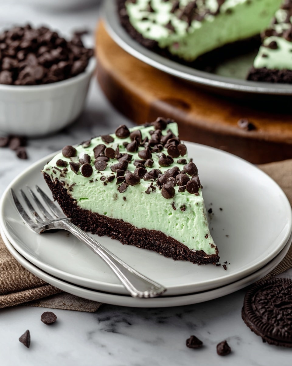 A slice of pie on a white plate shows two clear layers: the bottom layer is dark brown and firm, looking like a cookie or chocolate crust, while the top layer is thick and light green, fluffy and creamy, filled with many small dark chocolate chips spread inside and on top. Next to the plate is a silver fork, and in the background, more of the pie sits on a metal tray on a wooden board, with a brown cloth underneath. Also, a white bowl overflowing with dark chocolate chips and some Oreo cookies are visible on a white marbled surface. Photo taken with an iphone --ar 4:5 --v 7