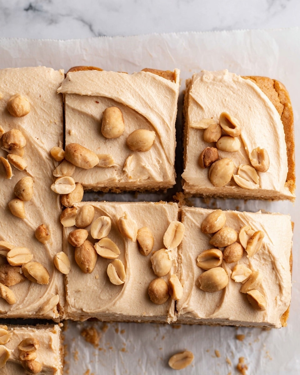 The image shows six square slices of a creamy peanut butter dessert arranged closely on white parchment paper over a white marbled surface. Each slice has a thick, smooth layer of light tan peanut butter frosting spread on top, textured with soft swirls. Scattered unevenly atop the frosting on every slice are a small handful of mixed roasted peanuts, featuring light to medium brown shades and varied shapes and textures. The edges of the dessert are visible and slightly golden brown, creating a warm contrast to the creamy topping. Photo taken with an iphone --ar 4:5 --v 7