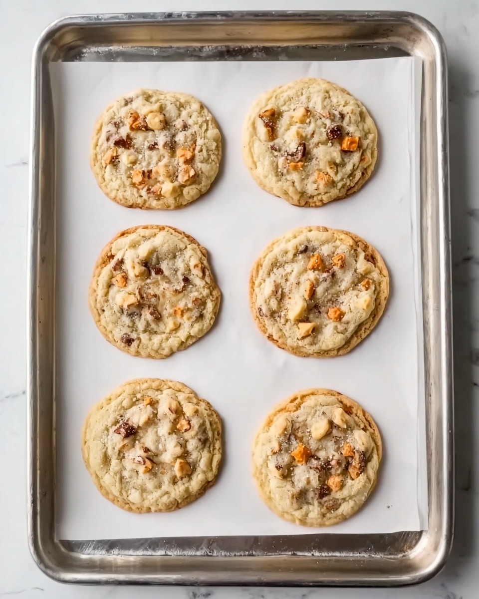 A silver baking tray holds six round cookies on white baking paper. Each cookie has a light tan color with darker brown and orange chunk pieces spread unevenly on top, showing a rough texture. The tray is set on a white marbled surface. The cookies appear soft with a slight crumbly edge, spaced evenly in two columns of three. photo taken with an iphone --ar 4:5 --v 7