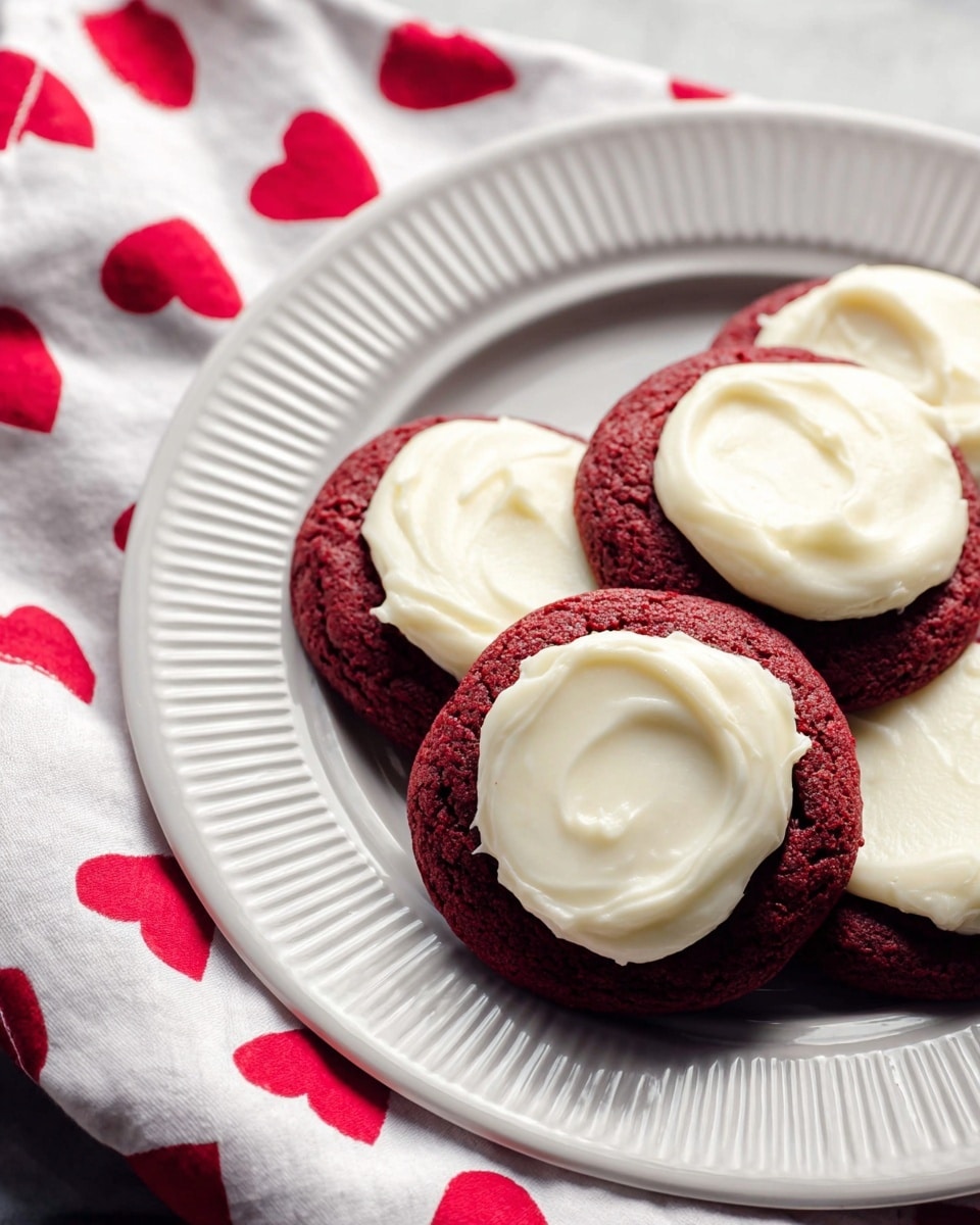Four red velvet cookies with one thick layer of smooth white cream cheese frosting spread on top of each cookie, sitting closely together on a round white plate with ridged edges, placed on a white marbled surface partly covered by a white cloth with red heart prints, soft natural light. photo taken with an iphone --ar 4:5 --v 7