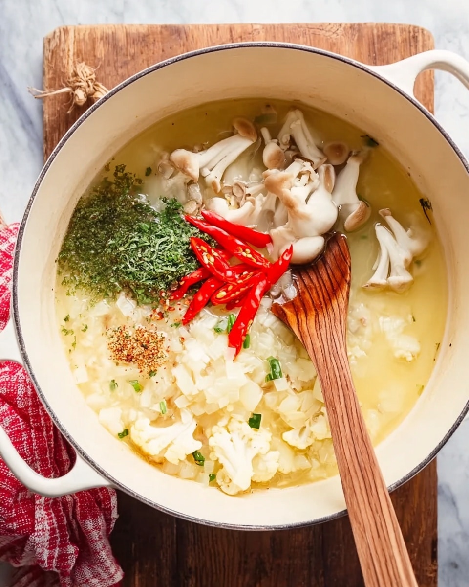 A white pot filled with a light yellow broth base contains scattered chopped onions covering much of the bottom, three bright red chili peppers on the upper right, white oyster mushrooms placed on the left and middle sections, a small heap of green herb zest near the top left, and some green leaves near the chili peppers. In the pot center, a wooden spoon with long slats rests partially submerged in the ingredients. The pot sits on a wooden board with a glimpse of a red and white checkered cloth on the lower left, and the whole scene is set on a white marbled surface. Photo taken with an iphone --ar 4:5 --v 7