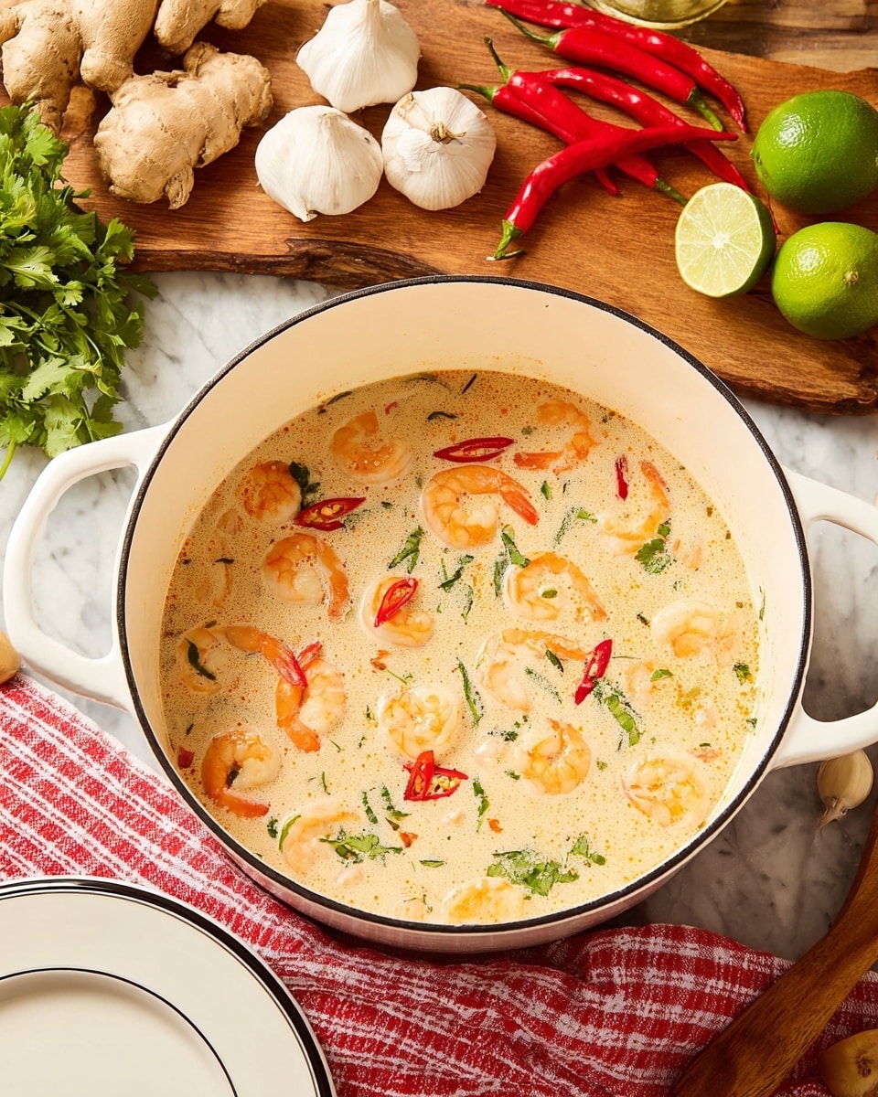 The image shows a white pot filled with a creamy soup that has about three visible layers: a light beige creamy broth base, orange shrimp scattered throughout, and green herbs with small slices of red chili peppers floating on top. Around the pot are fresh ingredients including ginger roots, whole white garlic bulbs, bright red chili peppers, and lime halves on a wooden cutting board, all set on a white marbled surface. A white plate with a black rim and a red and white checked cloth are partially visible near the bottom edge of the image, adding a cozy kitchen feel. Photo taken with an iphone --ar 4:5 --v 7