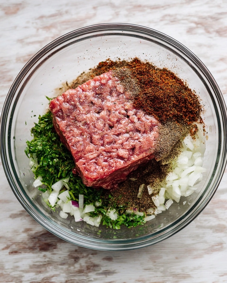 In a clear glass bowl on a white marbled surface, there is a mix of layers starting with finely chopped white onions and green herbs at the bottom; on top of this is a seasoning layer with dark spices creating a powdery texture, and at the center sits a thick, square block of raw, pink ground meat with a slightly coarse texture. Photo taken with an iphone --ar 4:5 --v 7