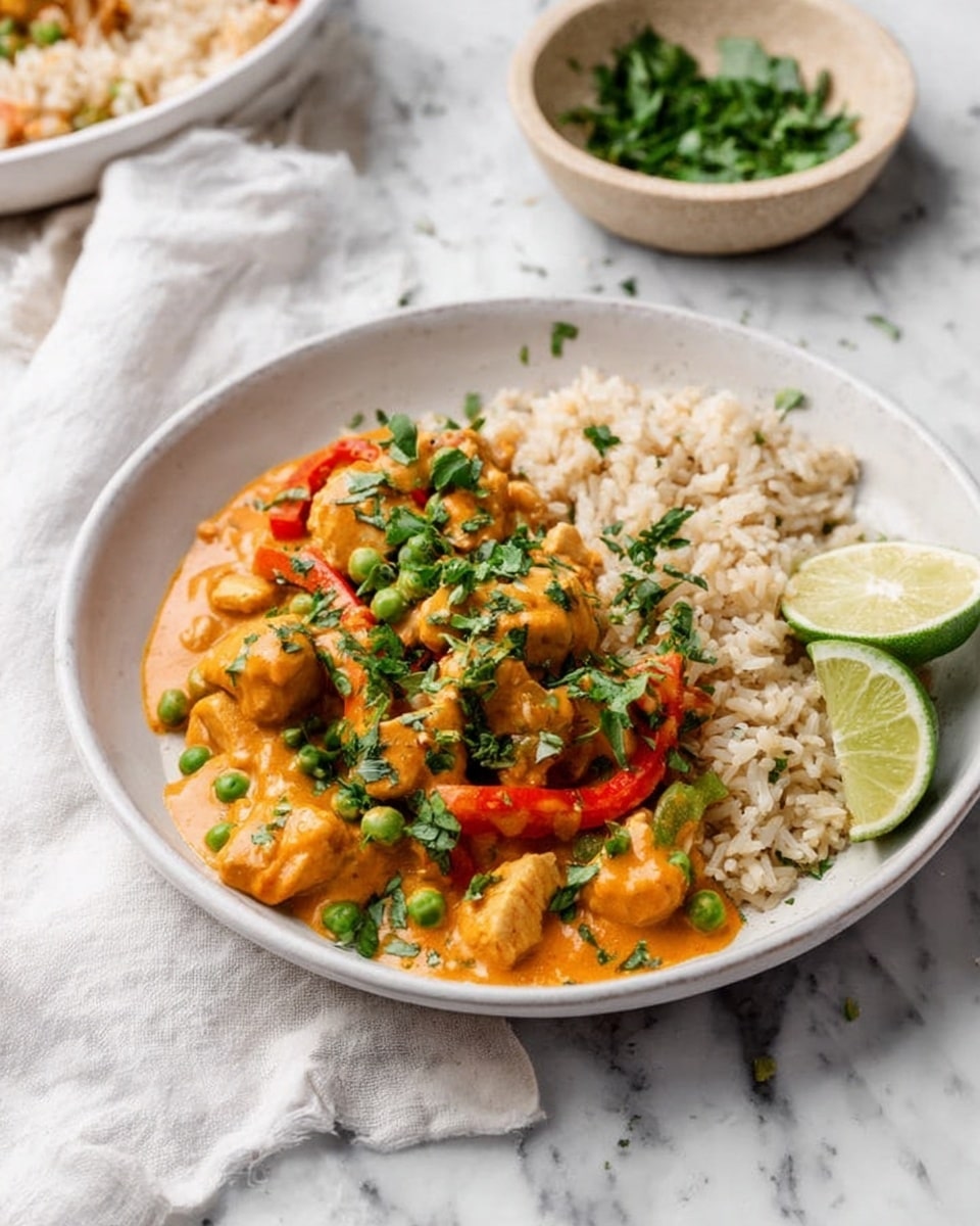 A white shallow bowl holds a serving of light brown rice as the base layer, topped with a bright orange creamy sauce containing pieces of chicken, green peas, and strips of red bell pepper. Garnishing the dish is a sprinkle of fresh green chopped herbs scattered over the sauce, and a fresh lime wedge placed on the right side of the bowl. The bowl is set on a white marbled surface, with a small beige bowl filled with chopped herbs visible in the background. Nearby is a white cloth with a soft texture. photo taken with an iphone --ar 4:5 --v 7