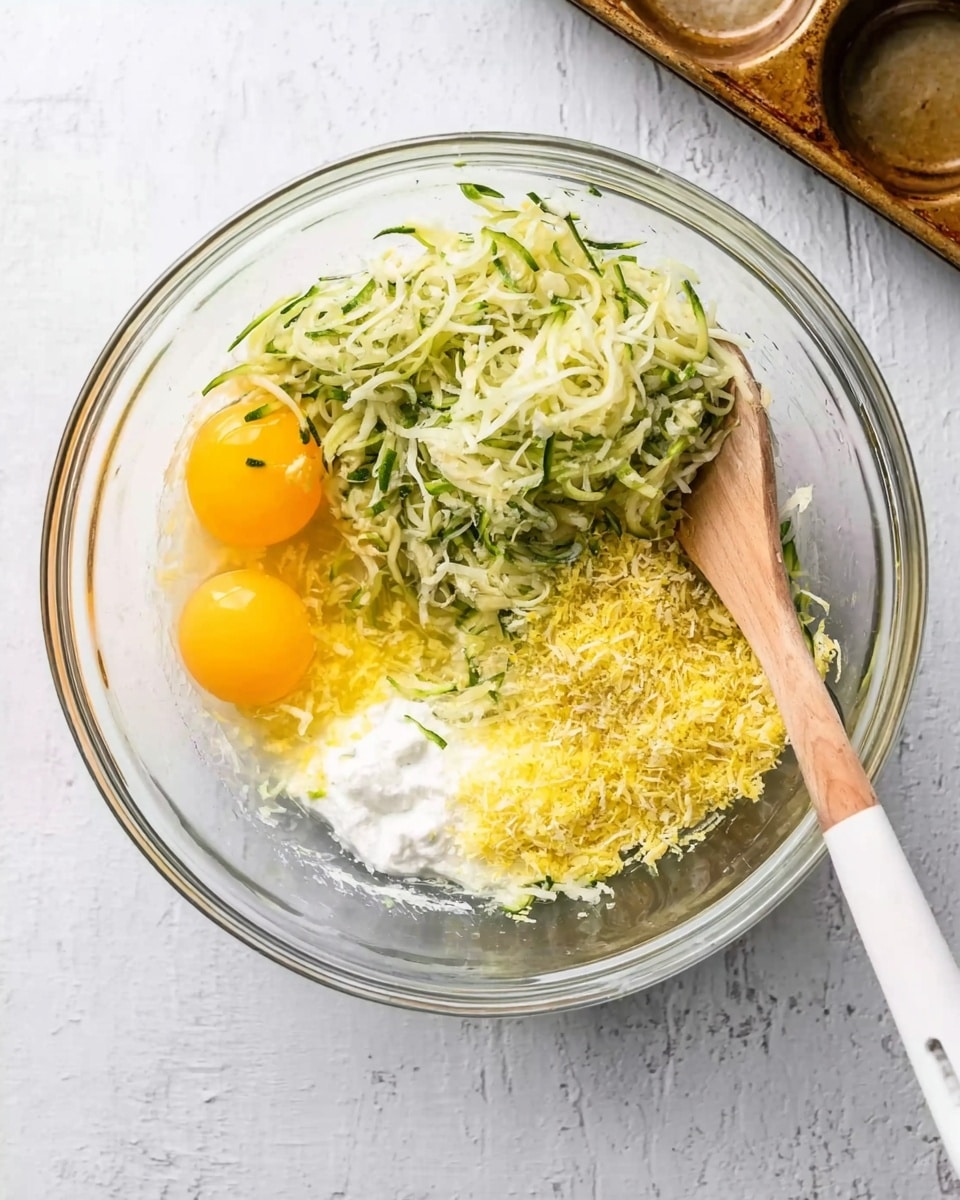 A clear glass bowl on a white marbled surface holds several colorful ingredients for mixing. In the bowl, there are two raw eggs with bright yellow yolks, shredded pale green zucchini piled on one side, some white creamy substance on another side, and a pile of finely grated yellow zest. A wooden spoon with a white tip rests inside the bowl, partially mixing the ingredients. Around the bowl, there are two baking pans slightly visible. Photo taken with an iphone --ar 4:5 --v 7