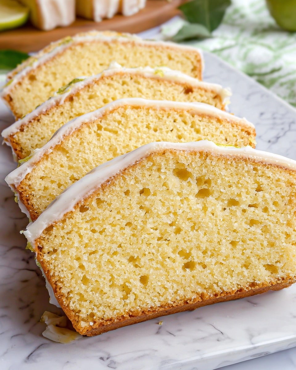 The image shows several slices of yellowish cake with a light, soft texture and small holes, arranged in two rows on a white plate. Each slice has one thin layer of white icing on top. The cake edges are slightly brown, and the background has a white marbled texture with some blurred green and beige elements around. Photo taken with an iphone --ar 4:5 --v 7