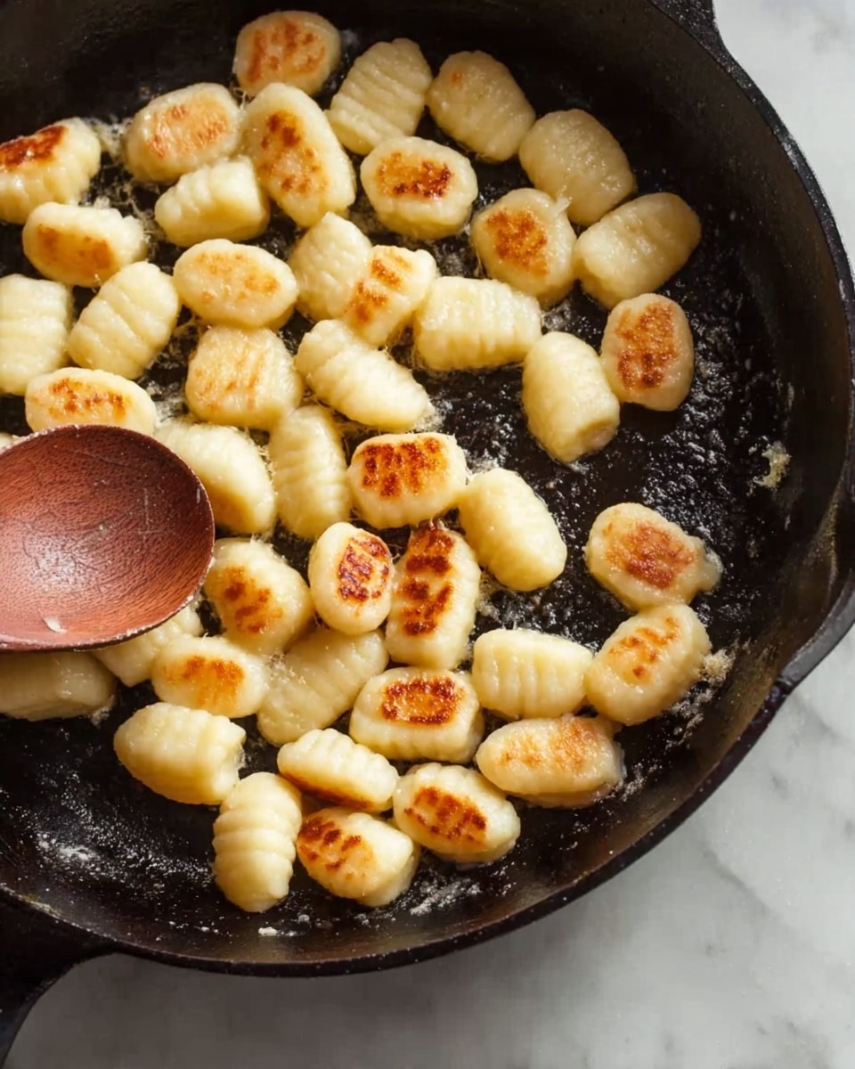 An overhead view of golden brown gnocchi cooking in a black cast iron pan, each gnocchi piece plump with visible light grill marks and a soft, pillowy texture; a wooden spoon with a round shallow head resting on the pan’s edge, with the scene set on a white marbled surface. photo taken with an iphone --ar 4:5 --v 7
