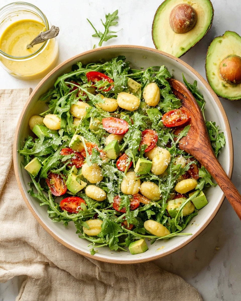 The image shows a salad in a white bowl filled with bright green arugula leaves as the base layer. Scattered on top are small, round yellow gnocchi pieces and halved red cherry tomatoes. Small bits of grated cheese are sprinkled unevenly over everything. In the background, there is a jar with yellow dressing and a wooden spoon resting on the white marbled surface. photo taken with an iphone --ar 4:5 --v 7