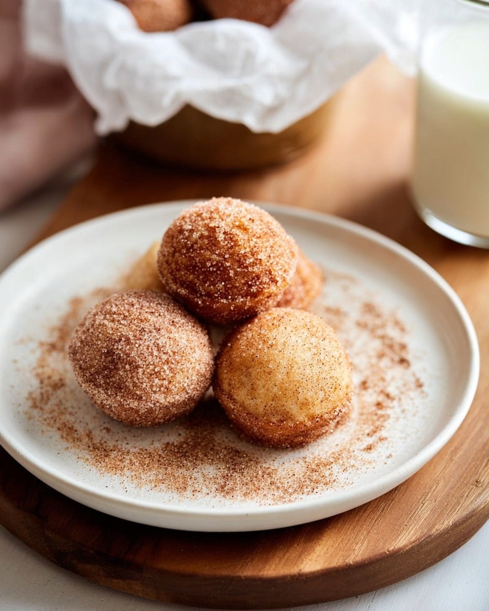A white plate holds three small round balls with a light golden-brown and cinnamon sugar coating, each showing a slightly different shade of cinnamon color. The balls are resting on a thin layer of scattered cinnamon sugar powder that spreads unevenly across the plate. The plate is placed on a wooden board with a smooth edge, and in the background, there is a white wrapped basket containing more of the sugar-coated balls. A glass of milk with a soft white appearance sits slightly blurred behind the plate. The setting is bright with light highlighting the texture of the sugar coating photo taken with an iphone --ar 4:5 --v 7