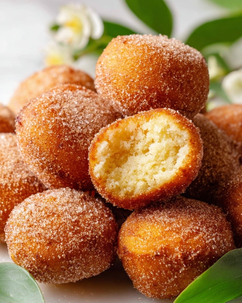 A close-up image shows a pile of small round doughnuts covered in a golden brown sugar coating. The doughnuts have a rough texture on the outside, with one doughnut split open to show a soft, fluffy, light yellow inside. The doughnuts are stacked closely together with a few bright green leaves and a soft white flower blurred in the background, all set on a white marbled surface. Photo taken with an iphone --ar 4:5 --v 7