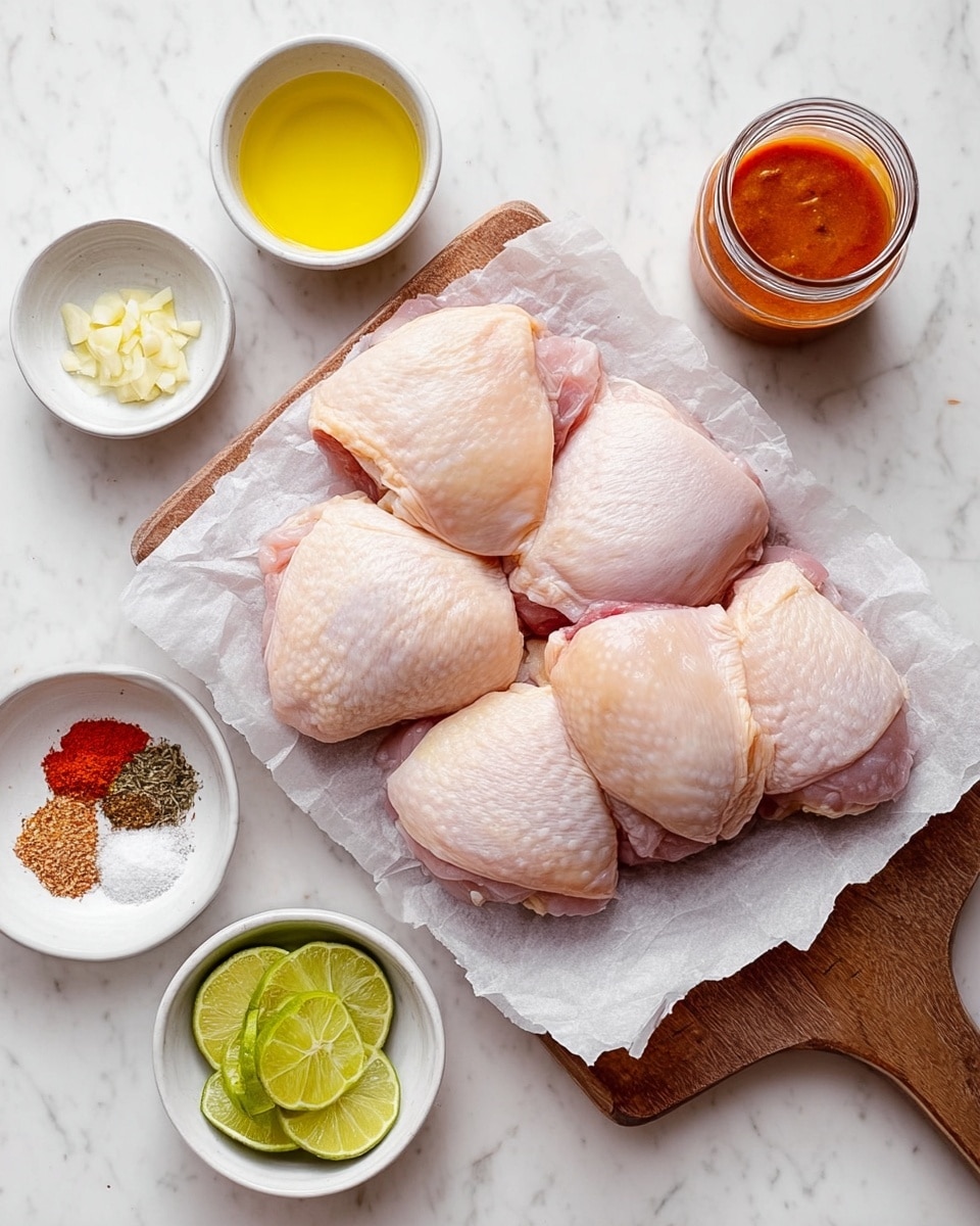 The image shows a white parchment-lined wooden board with several light pink raw chicken thighs layered closely on top, showing smooth and slightly shiny textures. Around the board, there are five small white bowls; one holds a golden yellow liquid oil, the next has finely chopped white garlic, a jar with bright red-orange sauce, a plate containing various dry spices including salt, red chili powder, brown spice, and flakes, and lastly a white bowl with green lime slices arranged flat and stacked slightly on each other. The background is a white marbled surface. photo taken with an iphone --ar 4:5 --v 7