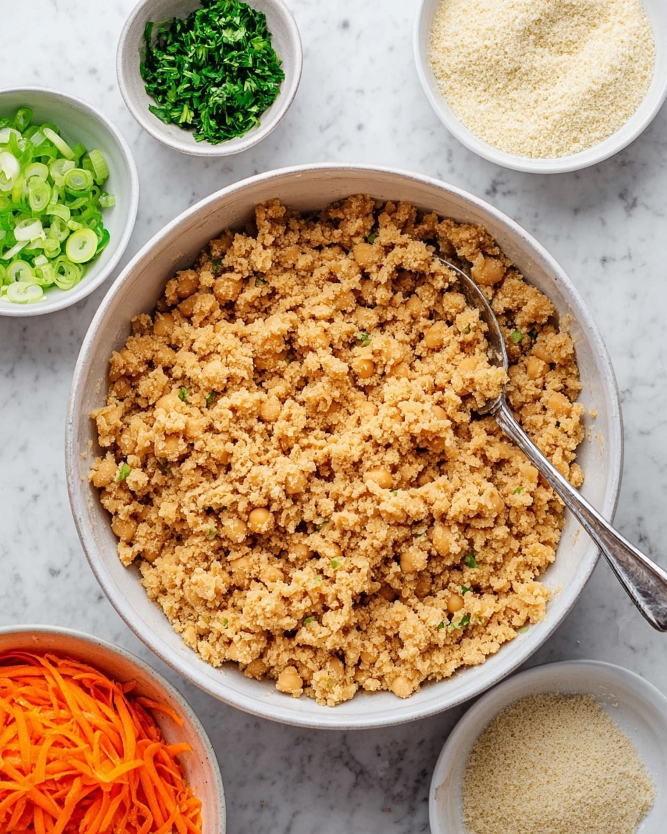 A large white bowl filled with light brown mashed chickpeas showing a crumbly texture, with a silver spoon resting inside the bowl. Surrounding this main bowl are five smaller white bowls; one contains bright green chopped parsley, another has light green sliced spring onions, and two bowls hold off-white panko breadcrumbs with a fluffy texture. The last bowl, a white bowl, is filled with shredded orange carrots. All bowls are set on a surface with a white marbled texture. photo taken with an iphone --ar 4:5 --v 7
