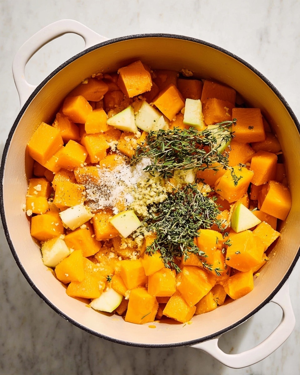 A large white pot filled with bright orange cubed squash as the main layer, mixed with smaller pieces of pale yellow apple scattered throughout. On top, there are several small piles of chopped fresh herbs like green rosemary and thyme, along with minced garlic and a sprinkle of coarse salt in the center. The pot sits on a white marbled surface, and the scene is brightly lit to show the fresh colors and textures clearly. photo taken with an iphone --ar 4:5 --v 7
