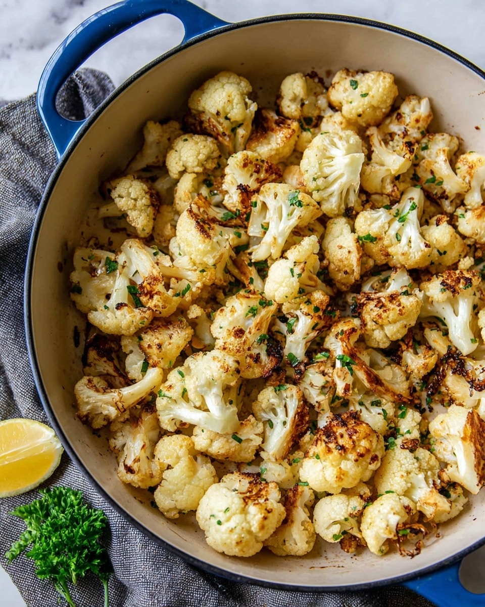 A close-up view of a large white pan filled with roasted cauliflower pieces, showing golden brown edges and some light char marks, with small green herb bits sprinkled evenly on top. In the bottom left corner, a small bright green parsley sprig and a lemon wedge add color contrast. The pan has blue handles resting on a white marbled surface with a folded gray cloth nearby. The cauliflower pieces vary in size and shape, giving a textured, layered look. Photo taken with an iphone --ar 4:5 --v 7