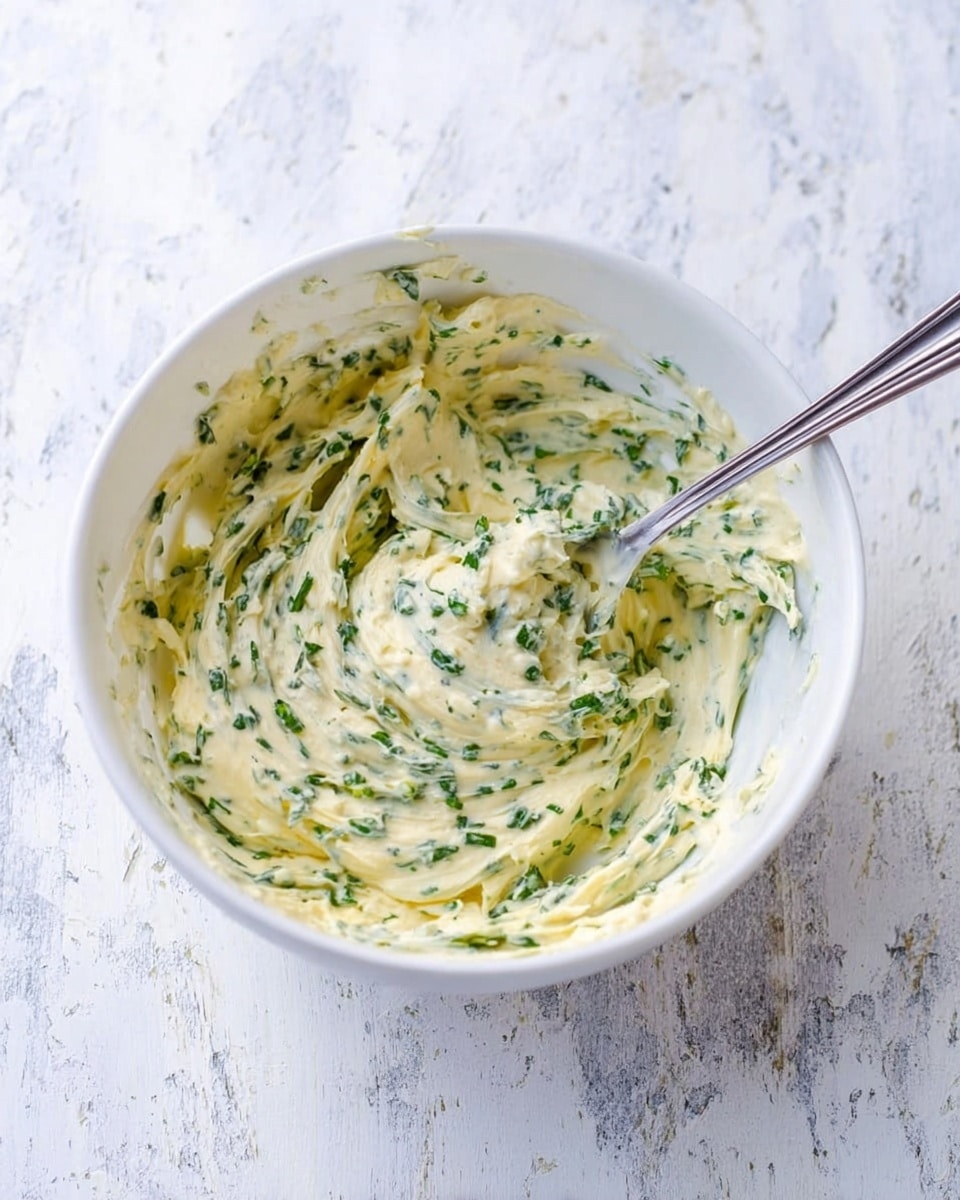 A white bowl sits on a white marbled surface filled with a creamy, pale yellow mixture speckled heavily with chopped green herbs. The mixture has a soft, whipped texture with some uneven swirls and peaks showing the blend of ingredients. A silver spoon rests inside the bowl, partially covered in the herb mixture. The scene is bright and clean, highlighting the fresh and light feel of the dish photo taken with an iphone --ar 4:5 --v 7