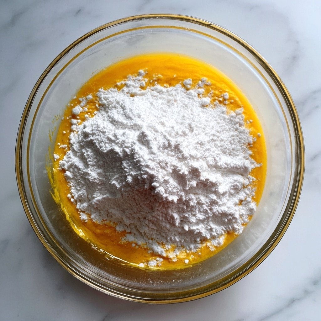 A clear glass measuring bowl is placed on a white marbled surface, filled with two visible layers: the bottom layer is a bright orange smooth liquid, while the top layer is a heap of white powdery flour. The flour heaps up in the center, covering most of the orange layer beneath but some orange is still visible around the edges. There are slight drips of orange along the sides of the glass bowl. Photo taken with an iphone --ar 4:5 --v 7