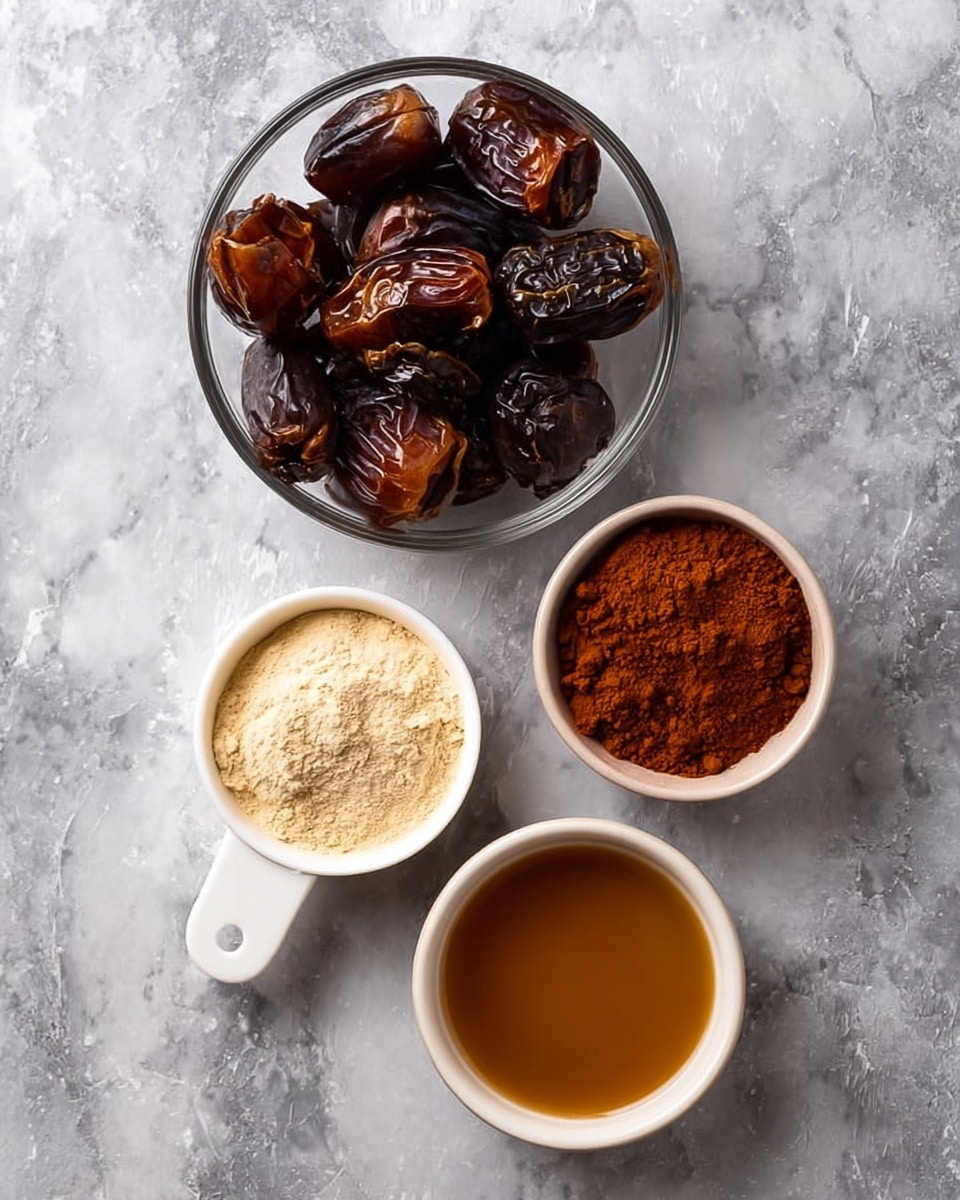 The image shows four containers with ingredients on a white marbled surface. At the top is a glass bowl filled with whole and some split dark brown dates showing their sticky, shiny inside. Below the bowl and slightly to the left is a white scoop filled with a light beige powder. To the right of the scoop is a small white round bowl with a thick, reddish-brown powder inside. Next to it on the right is another small white round bowl holding a smooth, amber-colored liquid. The colors range from dark brown to light beige with smooth and powdery textures, all arranged neatly with some space between them. Photo taken with an iphone --ar 4:5 --v 7