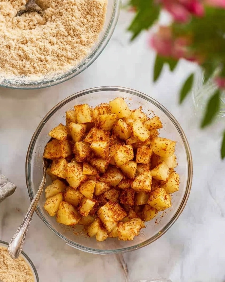 A clear glass bowl filled with small, golden-brown cubes of cooked potatoes, seasoned with red spices that give the potatoes an even sprinkle of color and texture. The bowl is placed on a white marbled surface with a silver spoon resting inside it, partially visible at the bottom left of the bowl. In the top-left corner, there is another clear glass bowl containing a light beige crumbly mixture, and there is a blurry flower arrangement with green leaves and pink blossoms hanging from the top-right side of the image. The overall setting is bright and clean. photo taken with an iphone --ar 4:5 --v 7
