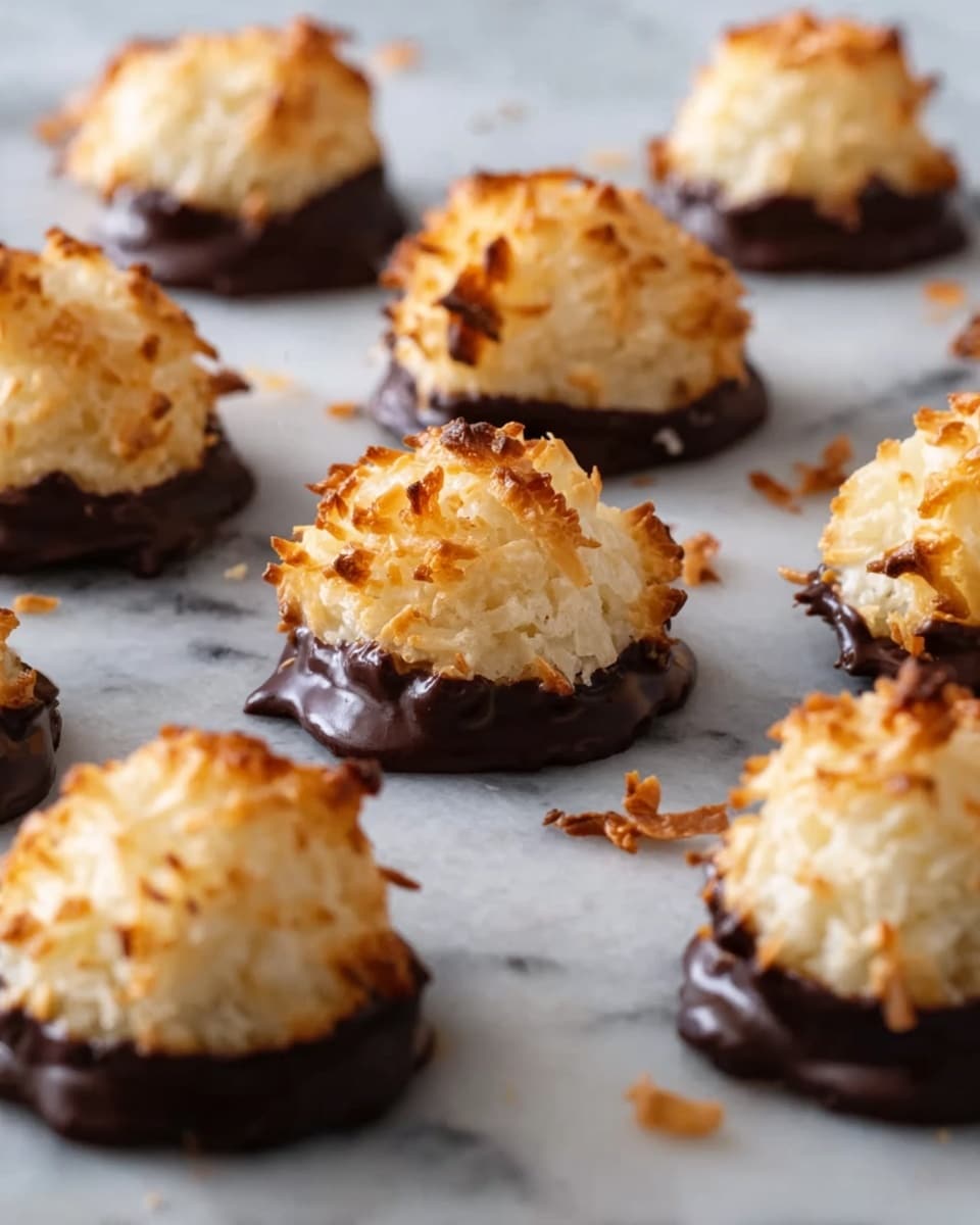 The image shows several small coconut macaroons arranged on a white marbled surface. Each macaroon has two layers: the top layer is golden brown toasted coconut with a rough, textured surface, and the bottom layer is a smooth, melted dark chocolate coating that forms a base, slightly spreading out onto the surface. The macaroons are irregularly shaped, with some toasted coconut flakes scattered around for a natural look. The lighting highlights the contrast between the crispy golden coconut and the shiny dark chocolate, creating an appetizing appearance. photo taken with an iphone --ar 4:5 --v 7