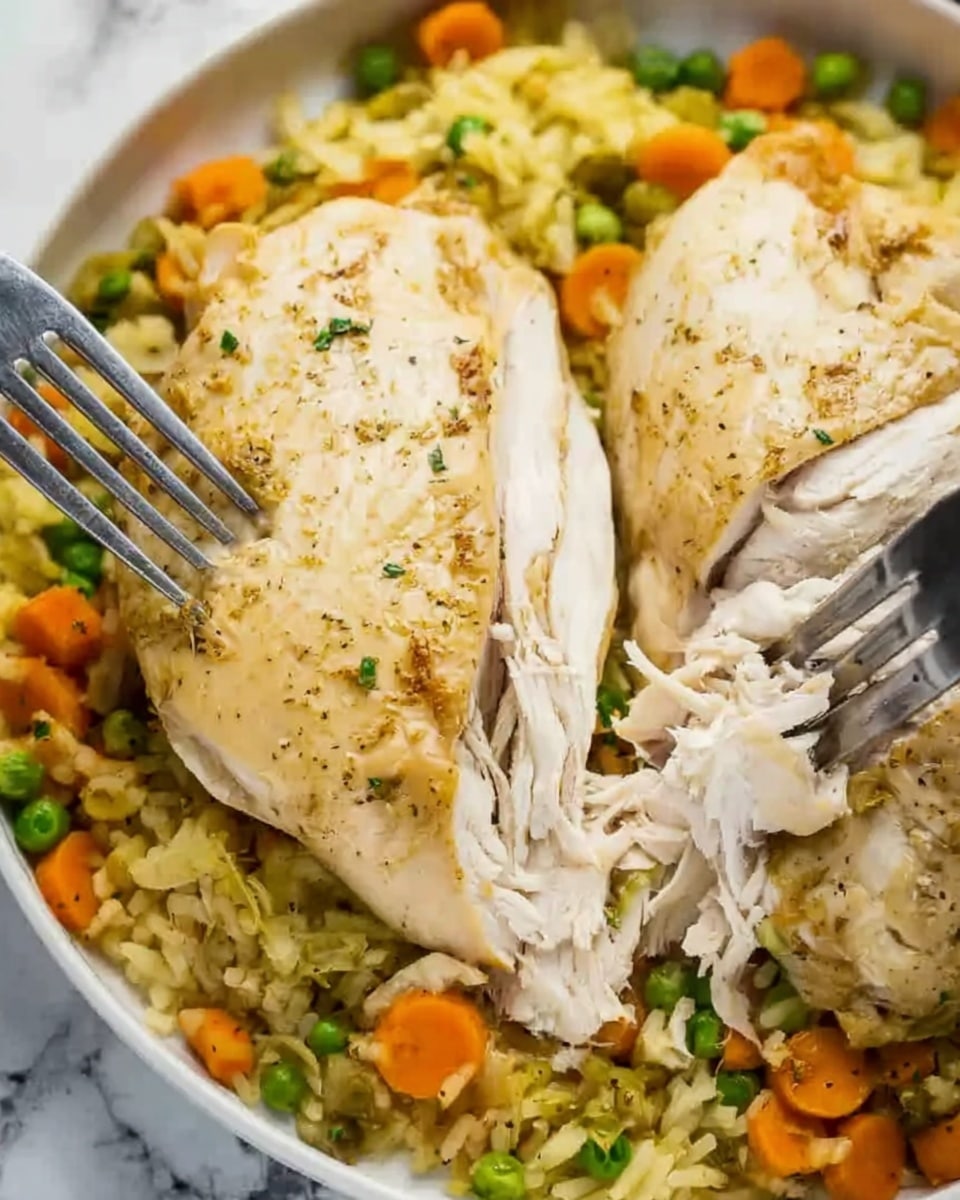 The image shows three pieces of cooked chicken placed on a bed of mixed vegetables that include orange carrot slices, green peas, and light yellow rice. The chicken pieces are light golden brown with a slightly peppered surface. In the foreground, two forks held by woman's hands are pulling apart one piece of chicken, showing its white, tender inside. The dish is presented on a white plate, with the background being a white marbled surface. photo taken with an iphone --ar 4:5 --v 7