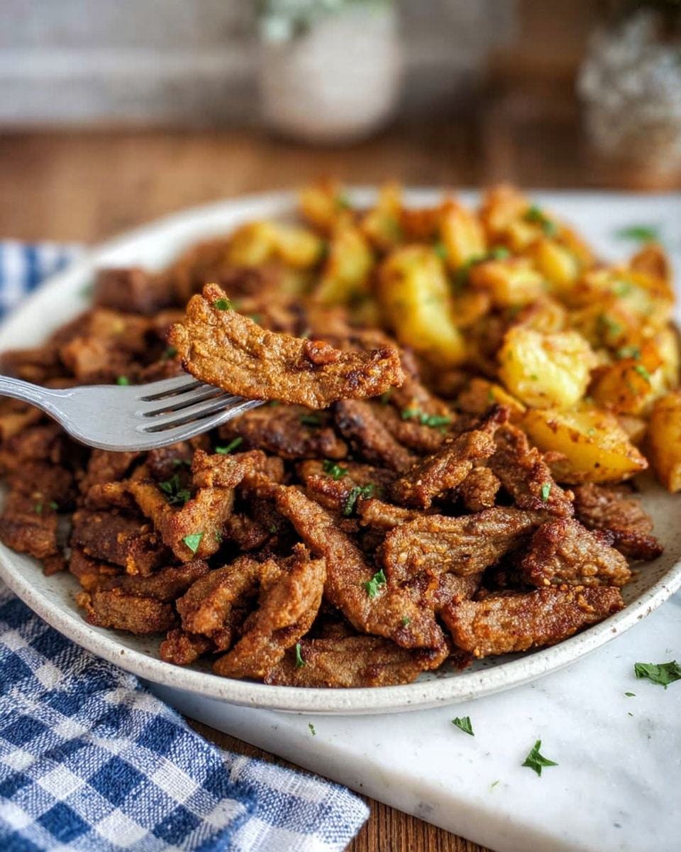 A white plate filled with two main layers: on the left and center, there is a pile of brown cooked strips of meat with a slightly crispy texture, sprinkled lightly with green herbs; on the right side, there are golden brown roasted potato pieces with a rough texture. A silver fork holds up a piece of the brown meat above the plate. The plate sits on a wooden surface with a white marbled background and a blue-and-white checkered cloth partially visible at the bottom right and blurred items in the background. Photo taken with an iphone --ar 4:5 --v 7