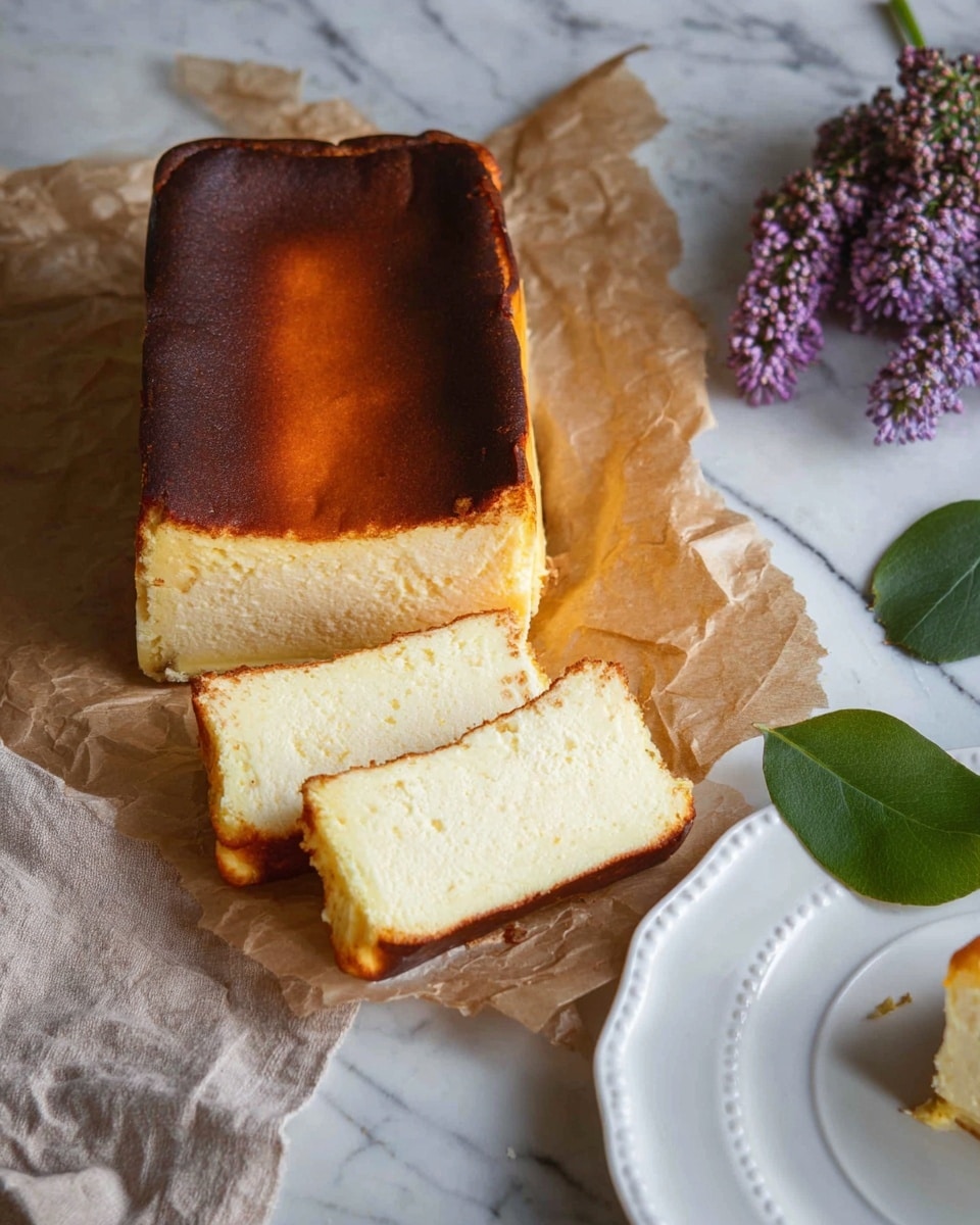 The image shows a thick slice of creamy cheesecake with a slightly browned top layer, sitting on a white plate with a simple scalloped edge. The cheesecake slice reveals a smooth, pale yellow inside layer, about three times as thick as the browned top crust, which has a rich, golden brown color and a slightly uneven surface. Behind the plate is the larger rectangular cheesecake, still mostly whole, showing the same dark top crust and light inner layer. The cheesecake rests on parchment paper with some crumbs scattered around on a white marbled surface. To the upper right, a bunch of purple flowers and green leaves softly frame the scene. Photo taken with an iphone --ar 4:5 --v 7
