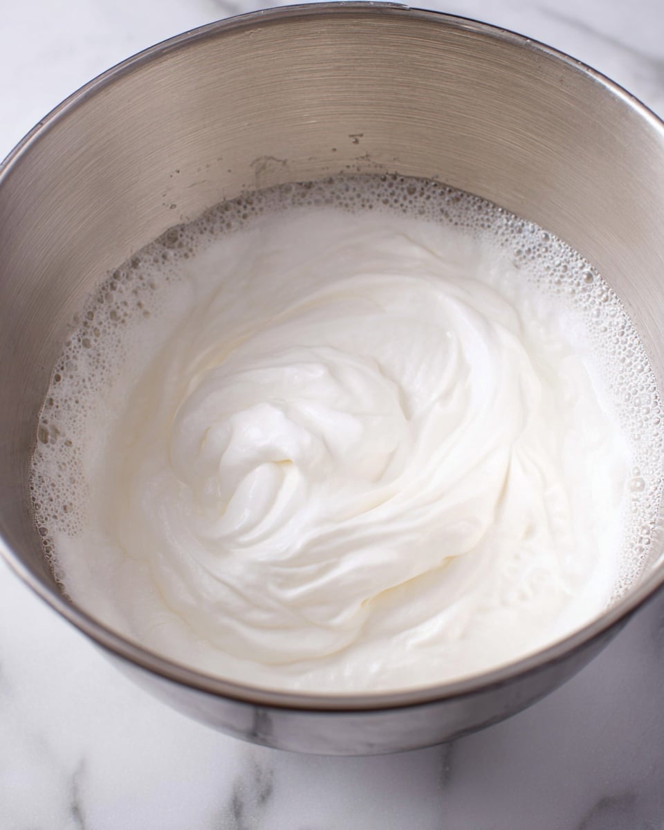 The image shows a close-up view of a shiny metal mixing bowl containing whipped egg whites with a light, fluffy texture. The whipped whites form soft peaks and have a smooth, glossy white appearance with some small bubbles visible on the surface and around the edges of the bowl. The bowl is placed on a white marbled surface that adds a clean and bright look to the scene. photo taken with an iphone --ar 4:5 --v 7