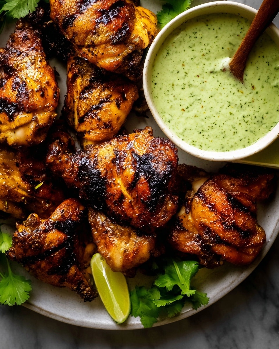 A close-up shot shows a white plate filled with several pieces of grilled chicken thighs that have a golden brown color with dark grill marks and a shiny, slightly oily texture, indicating they are well cooked and juicy. On the upper right side of the plate, there is a white bowl containing a thick, light green sauce with black specks and a small wooden spoon inside. Around the chicken, there are green cilantro leaves and lime wedges tucked underneath the pieces. The plate is placed on a white marbled surface. Photo taken with an iphone --ar 4:5 --v 7