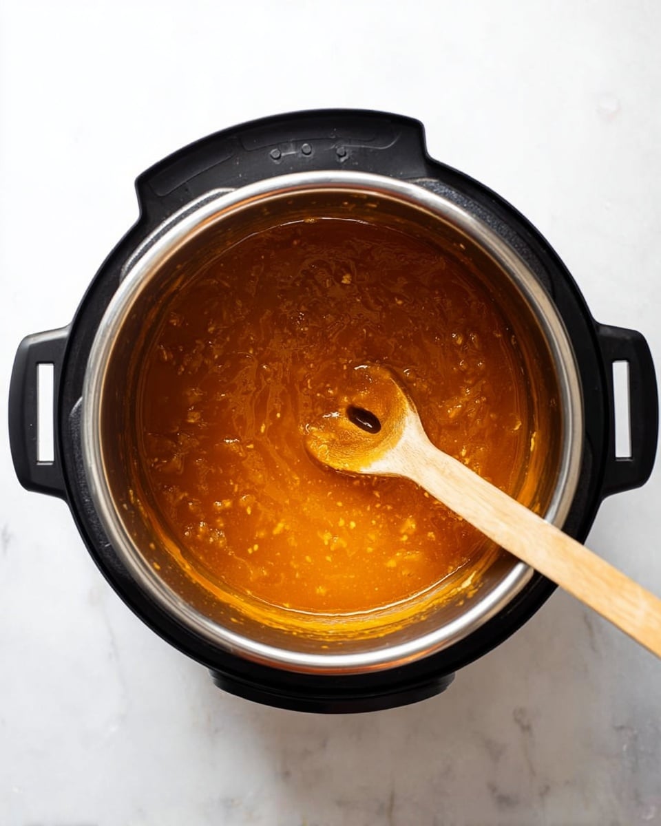 Inside a black instant pot with a shiny silver inner pot, there is a thick orange sauce with visible small chunks of food throughout. A light wooden spoon with a hole in the handle rests inside the sauce, its end partly covered by the sauce. The pot is sitting on a white marbled surface. photo taken with an iphone --ar 4:5 --v 7