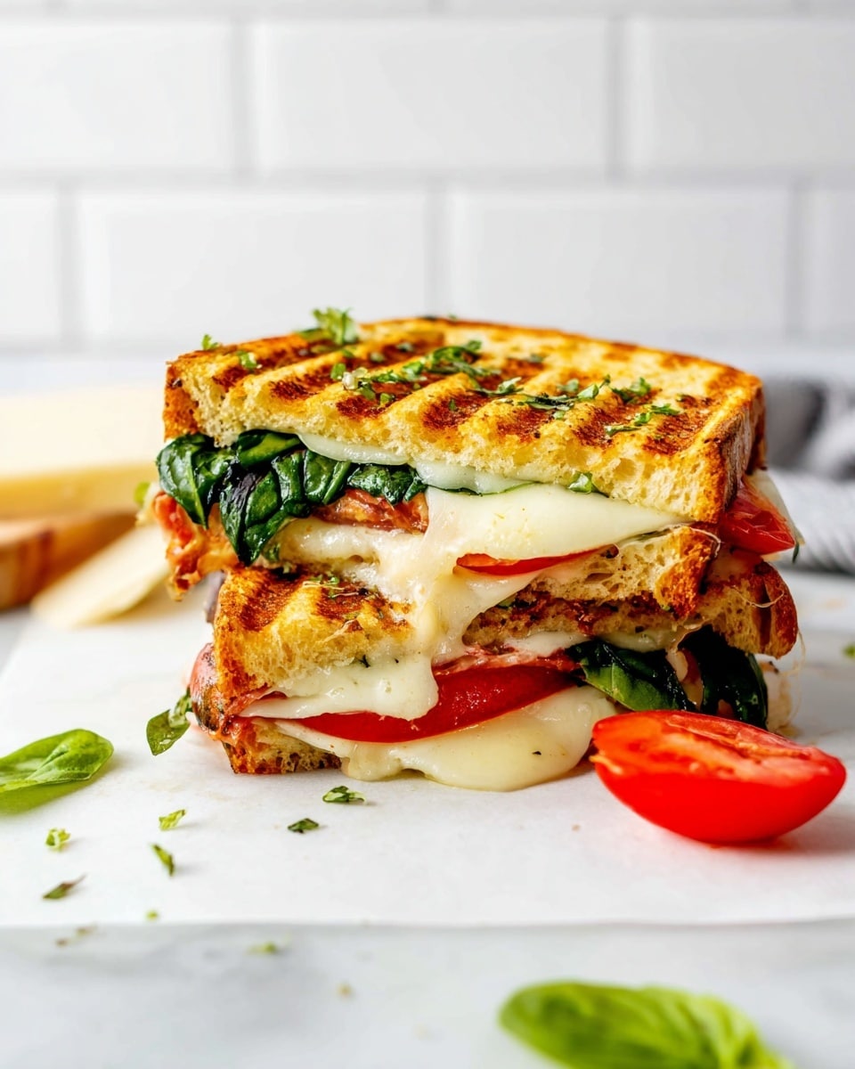The image shows a toasted sandwich cut in half and stacked, placed directly on a white marbled surface. The sandwich has three main layers: the top and bottom are golden-brown, grilled bread with visible grill marks and sprinkled chopped green basil on top. The middle layer contains melted white cheese that stretches slightly outside the sandwich, fresh dark green spinach leaves, and bright red tomato slices. There are a few loose green basil pieces and a small red cherry tomato next to the sandwich on the surface. The background is softly blurred white with tiled texture. Photo taken with an iphone --ar 4:5 --v 7