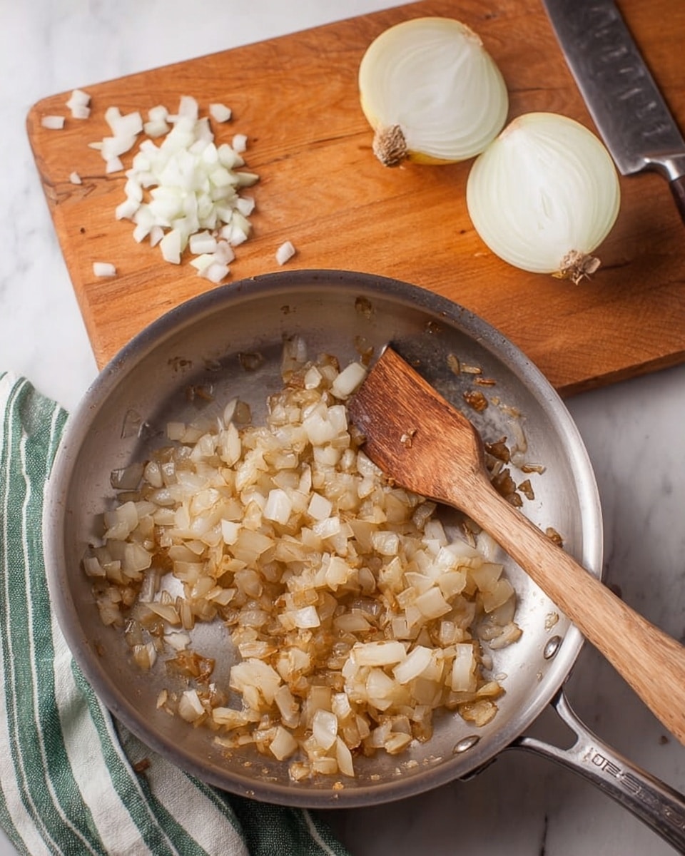A round stainless steel pan sits on a white marbled surface, filled with one layer of small, light golden-brown sautéed onions with a soft texture. A wooden spatula rests inside the pan on the right side, gently mixing the onions. In the background, a wooden cutting board holds two halves of a white onion, one lying flat and the other upright, along with some small diced white onion pieces and a large silver knife with a wooden handle. A green and white striped cloth is partially visible under the left side of the pan. photo taken with an iphone --ar 4:5 --v 7