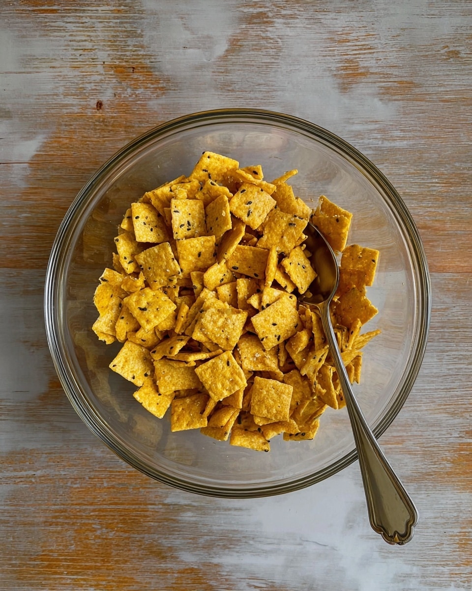 A clear glass bowl filled with many square, yellow crackers that have small black seeds. The crackers are piled loosely inside the bowl, showing a rough, crunchy texture. A silver spoon with a smooth handle rests inside the bowl on the right side, partly buried under the crackers. The bowl is set on a white marbled surface. photo taken with an iphone --ar 4:5 --v 7