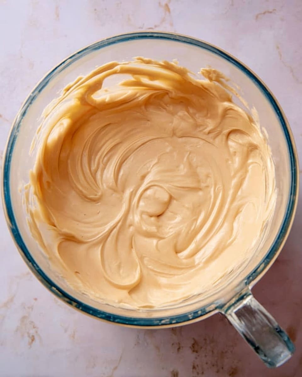 A clear glass mixing bowl filled with smooth, creamy, light beige mixture that has gentle swirls on its surface. The bowl rests on a white marbled texture background, showing slight reflections on the glass handle. The creamy mixture fills most of the inside of the bowl, with soft peaks and curves visible. photo taken with an iphone --ar 4:5 --v 7