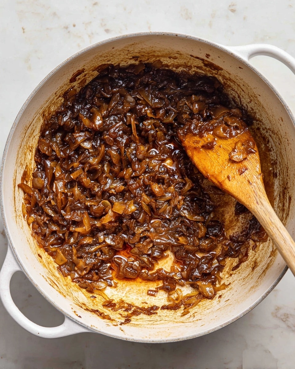 A white cooking pot filled with a thick layer of caramelized onions that are dark brown and glossy, showing soft, small onion pieces all mixed together. The sides of the pot have browned residue from cooking. A wooden spatula with some onion bits on it rests inside the pot near the bottom right corner. The pot is placed on a white marbled surface with some faint stains around. photo taken with an iphone --ar 4:5 --v 7